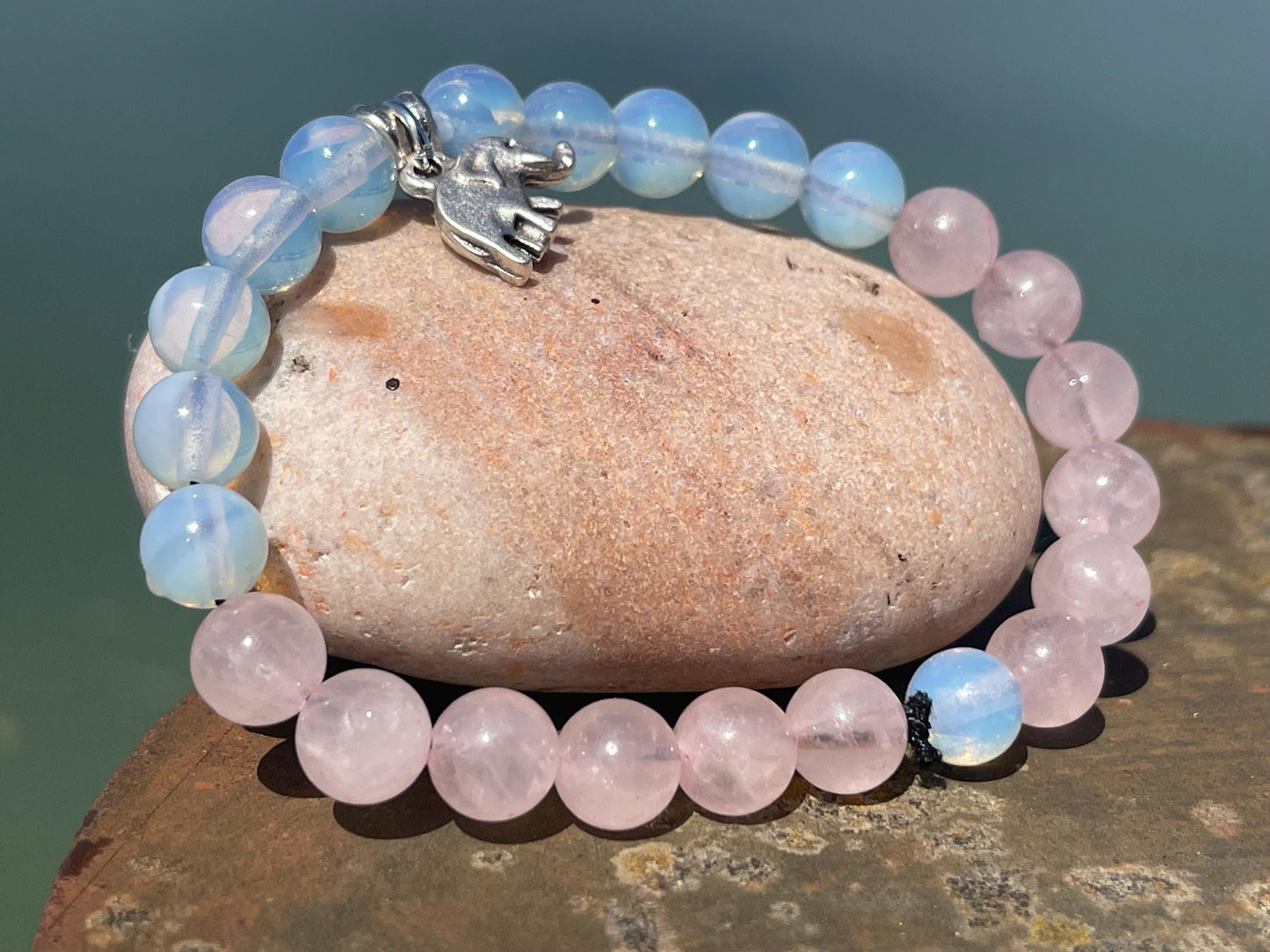 Elephant bracelet, elephant jewellery, boho bracelet made from rose quartz and opalote gemstones. Unusual boho jewellery. Elephant bangle.