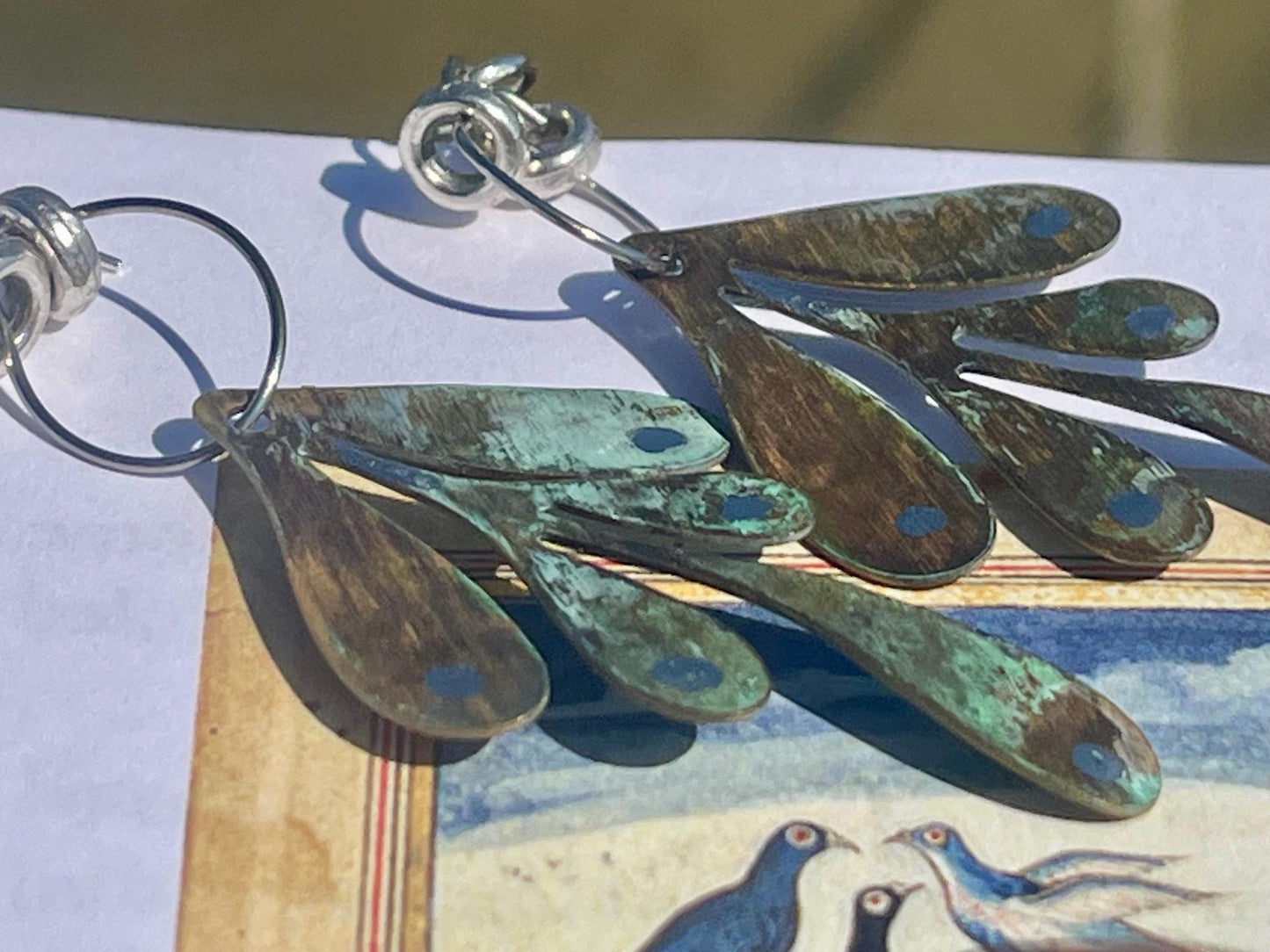 Handmade leaf earrings. Rustic earrings, unusual earrings, unusual gift for her, blue earrings, boho earrings, large statement earrings.
