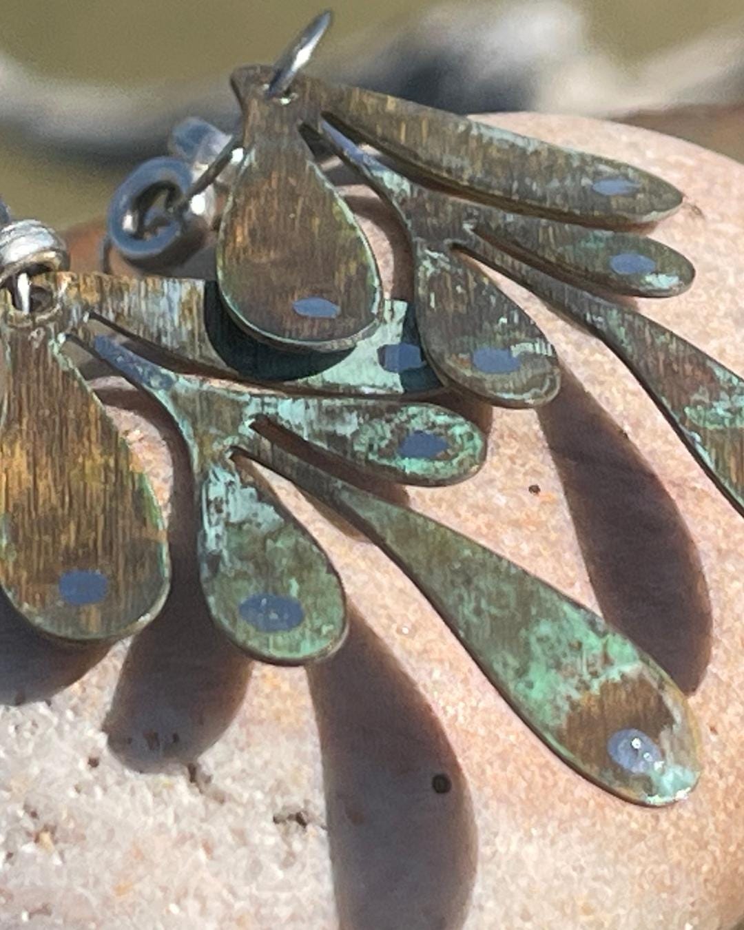 Handmade leaf earrings. Rustic earrings, unusual earrings, unusual gift for her, blue earrings, boho earrings, large statement earrings.