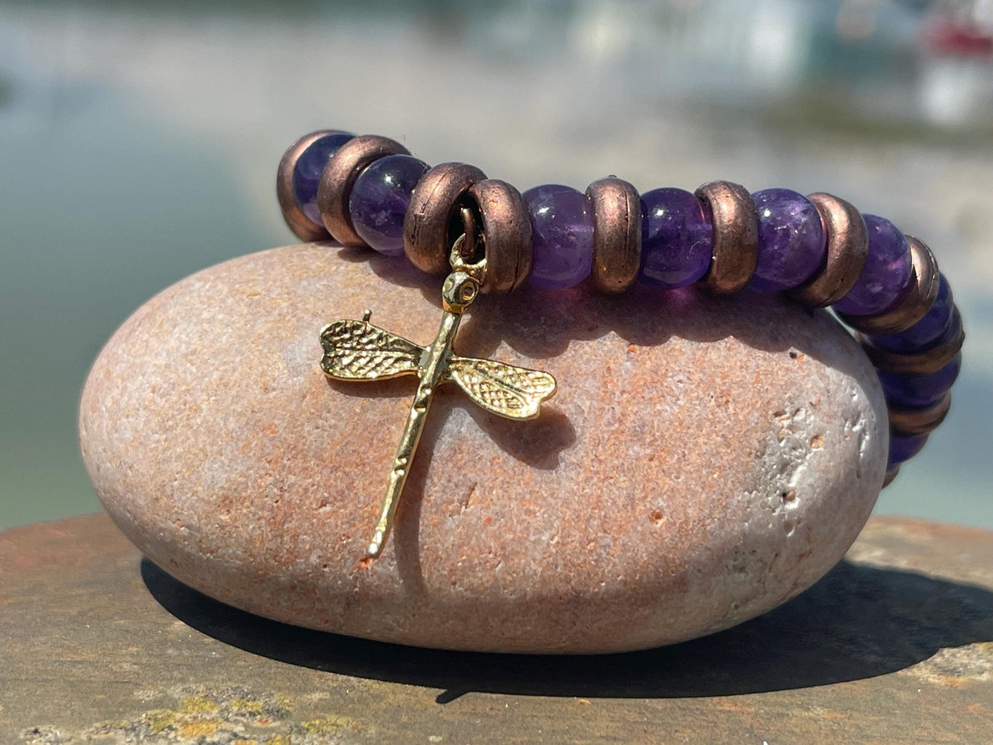 Dragonfly amethyst bracelet, Hippy bracelet, boho gift for her, amethyst jewellery, handmade bracelet, eco friendly bohemian jewellery