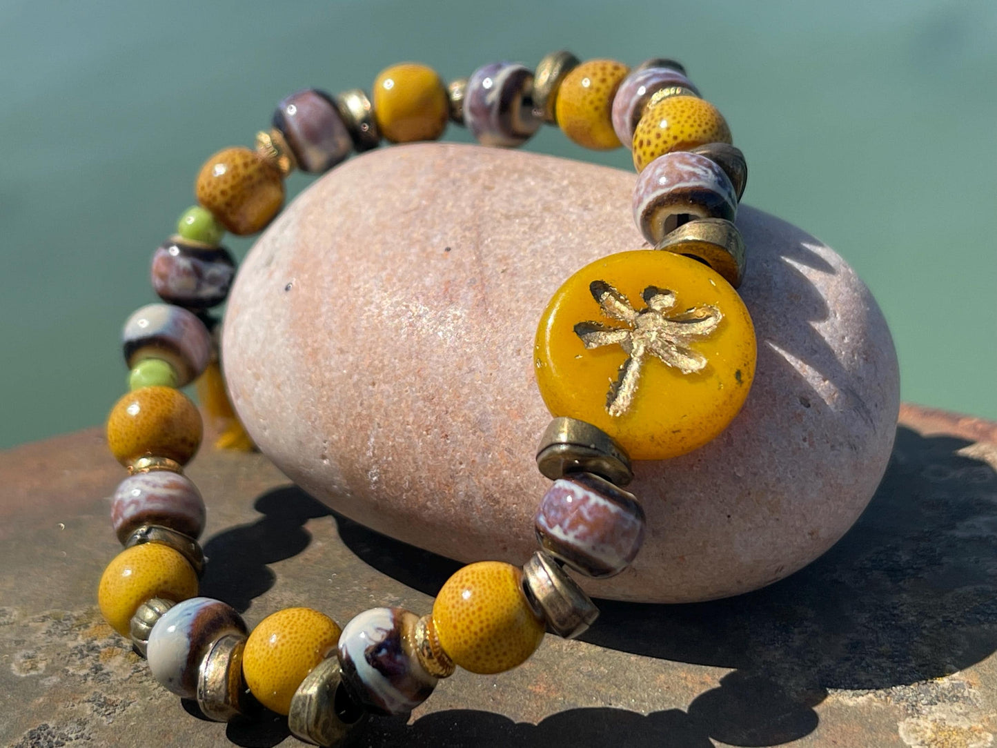 Dragonfly bracelet, boho jewellery, unique gift for her, handmade glass bracelet, dragonfly jewellery, orange bracelet, yellow bracelet