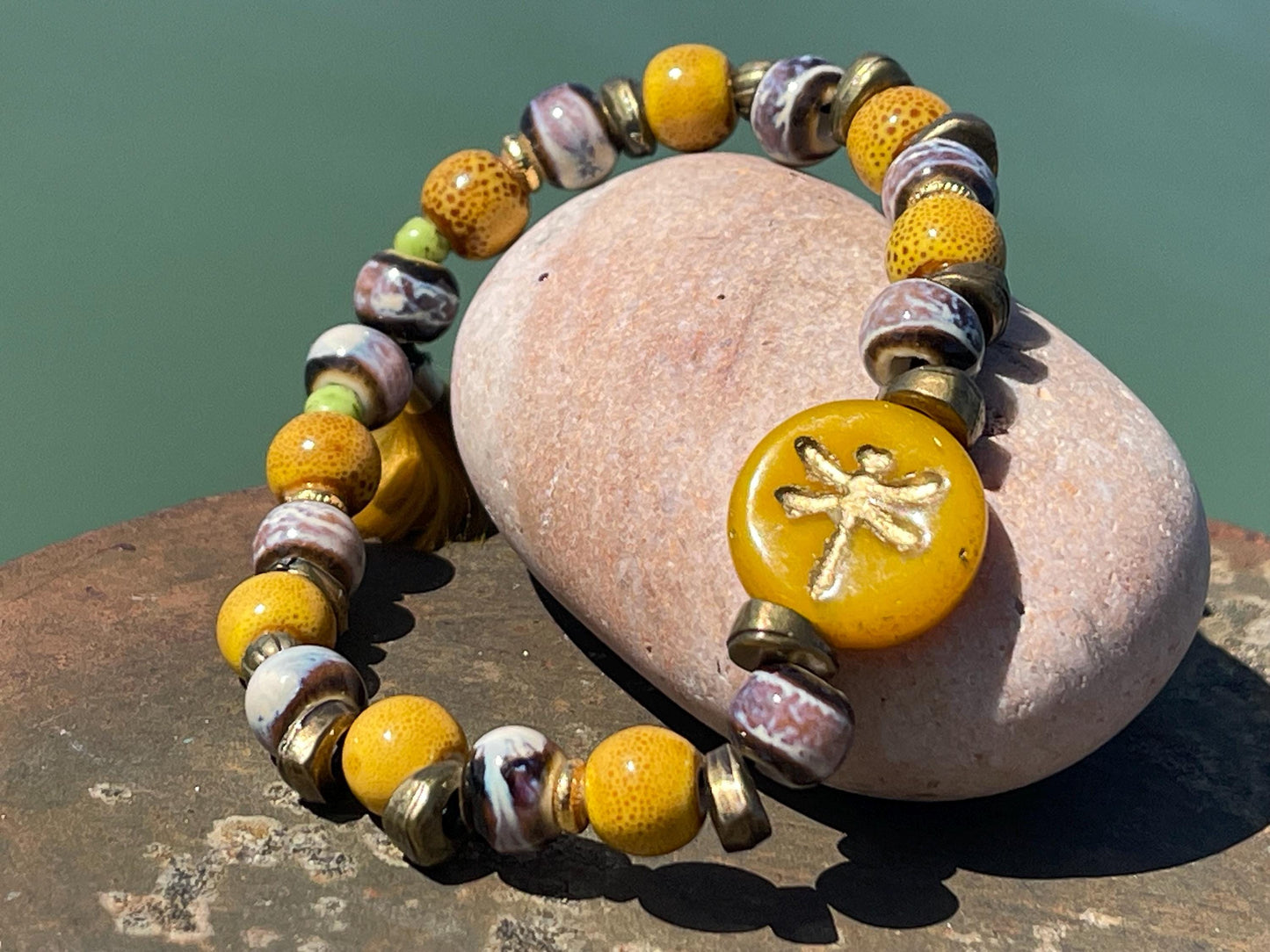 Dragonfly bracelet, boho jewellery, unique gift for her, handmade glass bracelet, dragonfly jewellery, orange bracelet, yellow bracelet