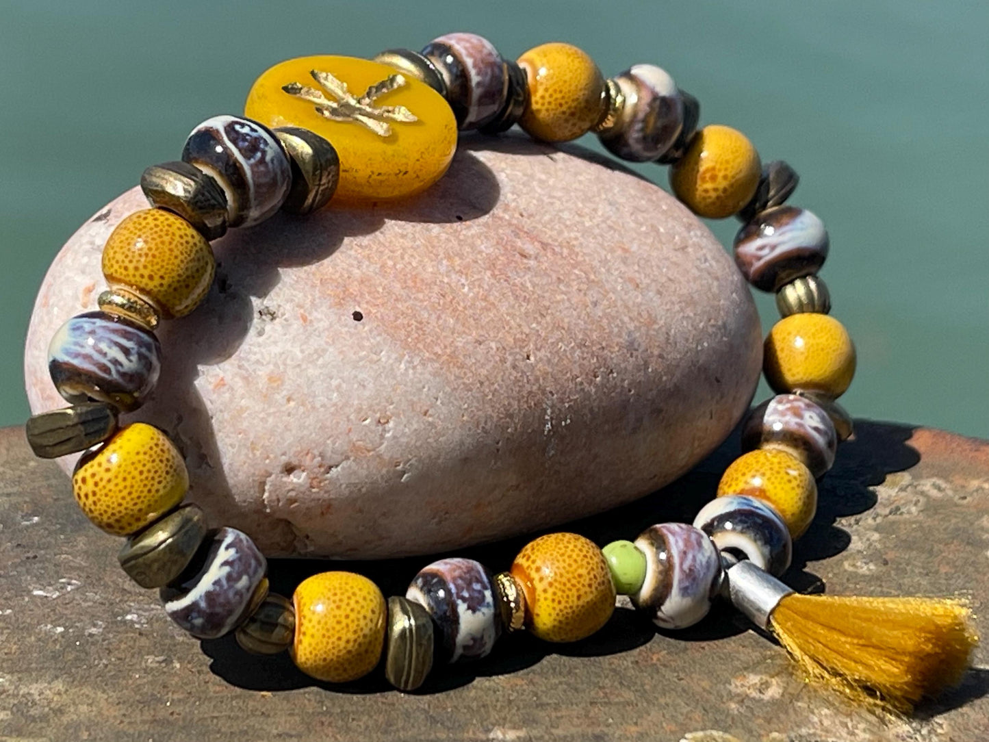 Dragonfly bracelet, boho jewellery, unique gift for her, handmade glass bracelet, dragonfly jewellery, orange bracelet, yellow bracelet