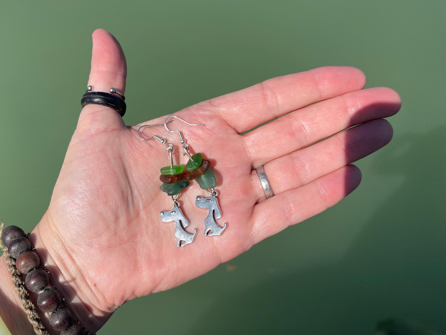 Sea Glass Earrings, dog earrings, Eco-Friendly Ethical Jewelry, Handmade Boho Gifts. Eco friendly jewellery made with sea glass. Handmade.