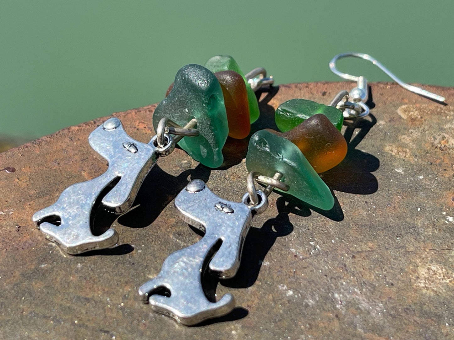 Sea Glass Earrings, dog earrings, Eco-Friendly Ethical Jewelry, Handmade Boho Gifts. Eco friendly jewellery made with sea glass. Handmade.