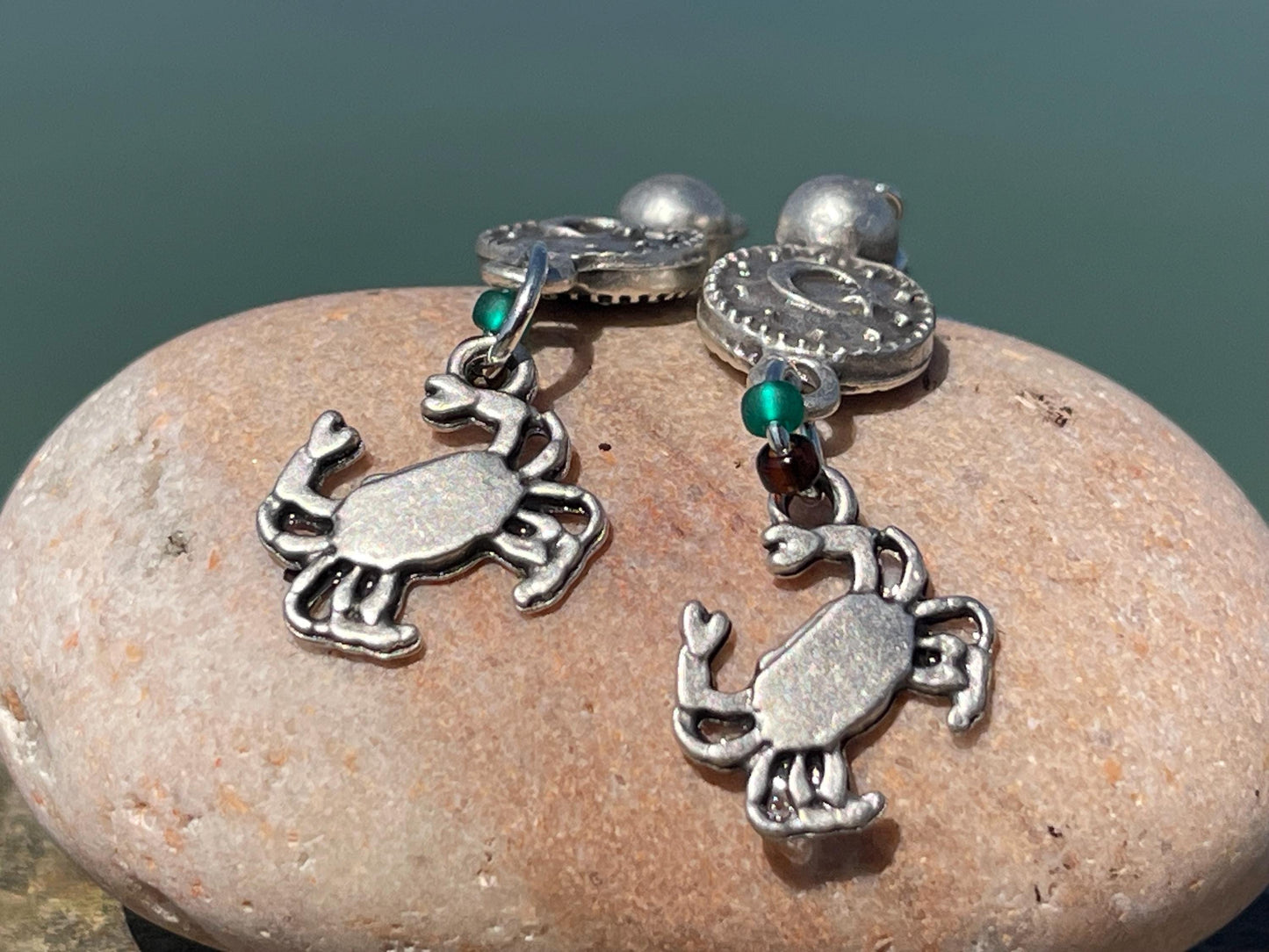 Crab earrings. May birthday. Zodiac crab earrings. Cancer star sign jewellery. Crab and mob earrings. moon jewellery. Seaside jewellery.