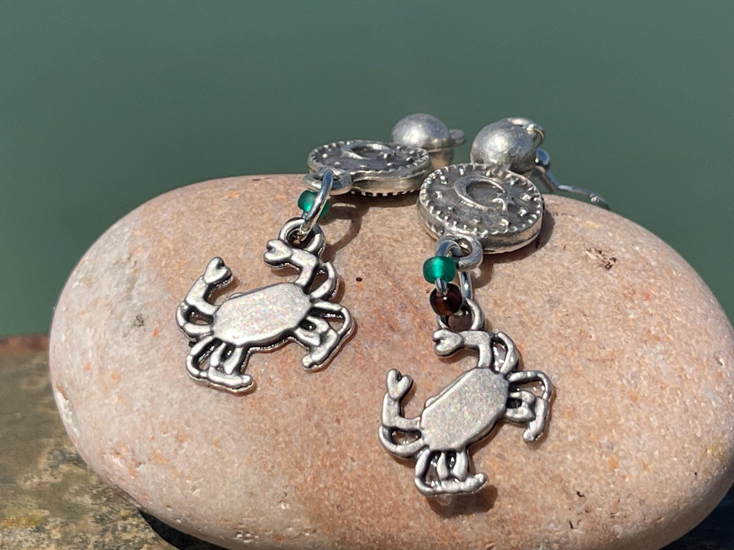 Crab earrings. May birthday. Zodiac crab earrings. Cancer star sign jewellery. Crab and mob earrings. moon jewellery. Seaside jewellery.
