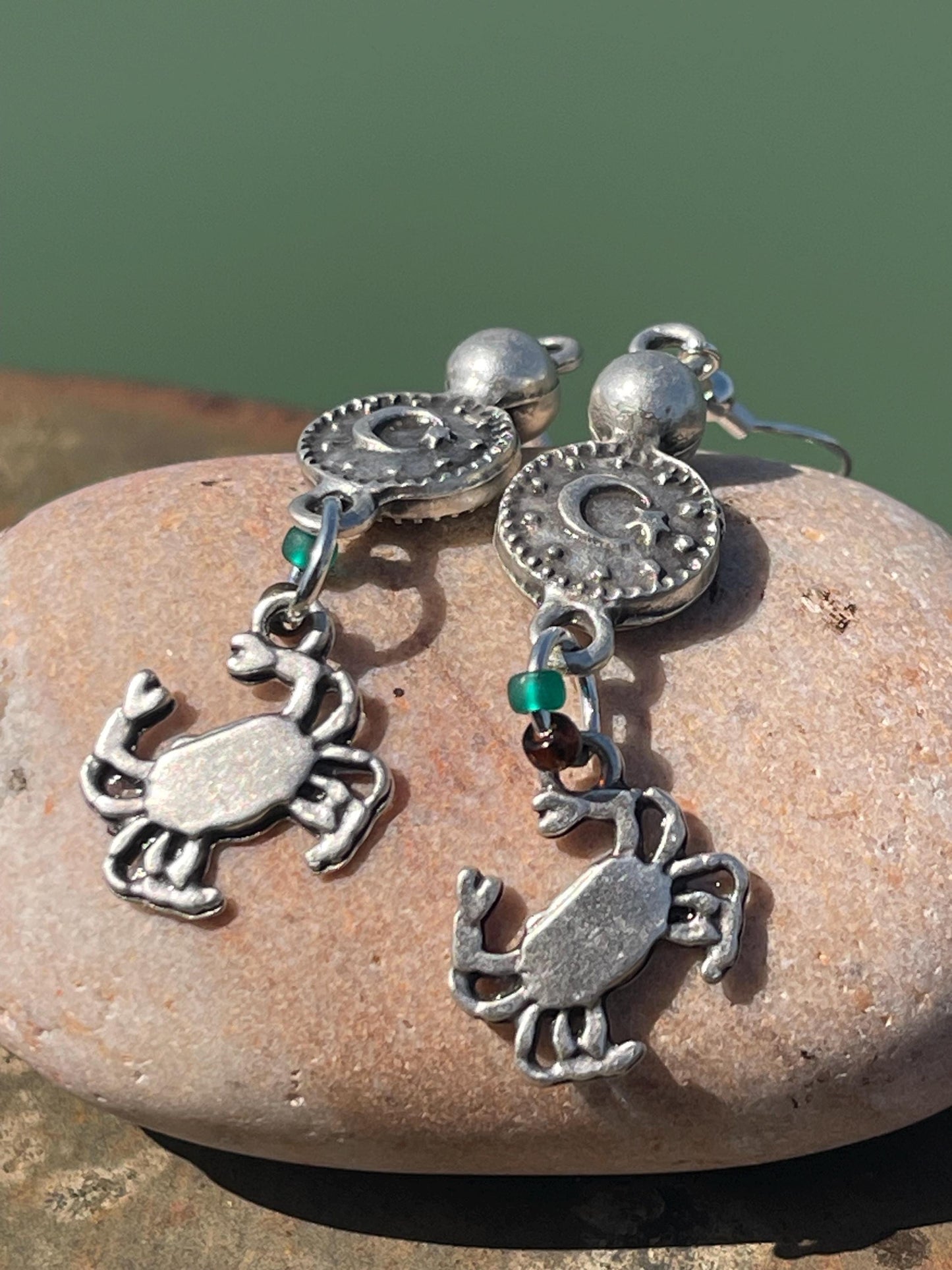 Crab earrings. May birthday. Zodiac crab earrings. Cancer star sign jewellery. Crab and mob earrings. moon jewellery. Seaside jewellery.