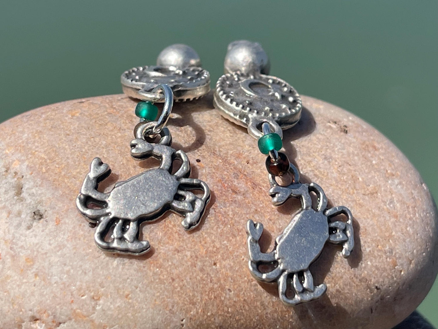 Crab earrings. May birthday. Zodiac crab earrings. Cancer star sign jewellery. Crab and mob earrings. moon jewellery. Seaside jewellery.