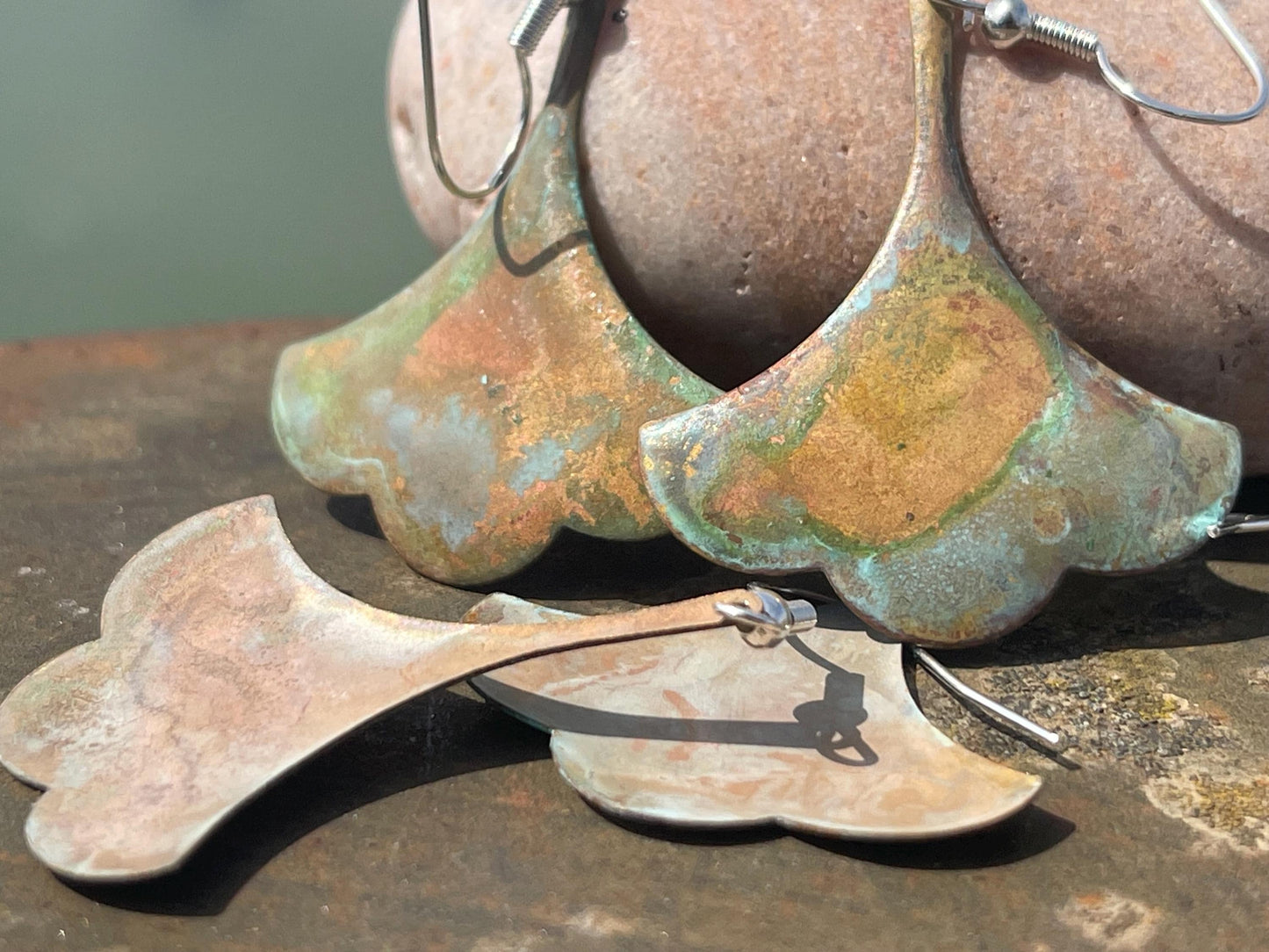 Handmade patina earrings. Rustic earrings, unusual earrings, unusual gift for her, blue earrings, boho earrings, large statement earrings.