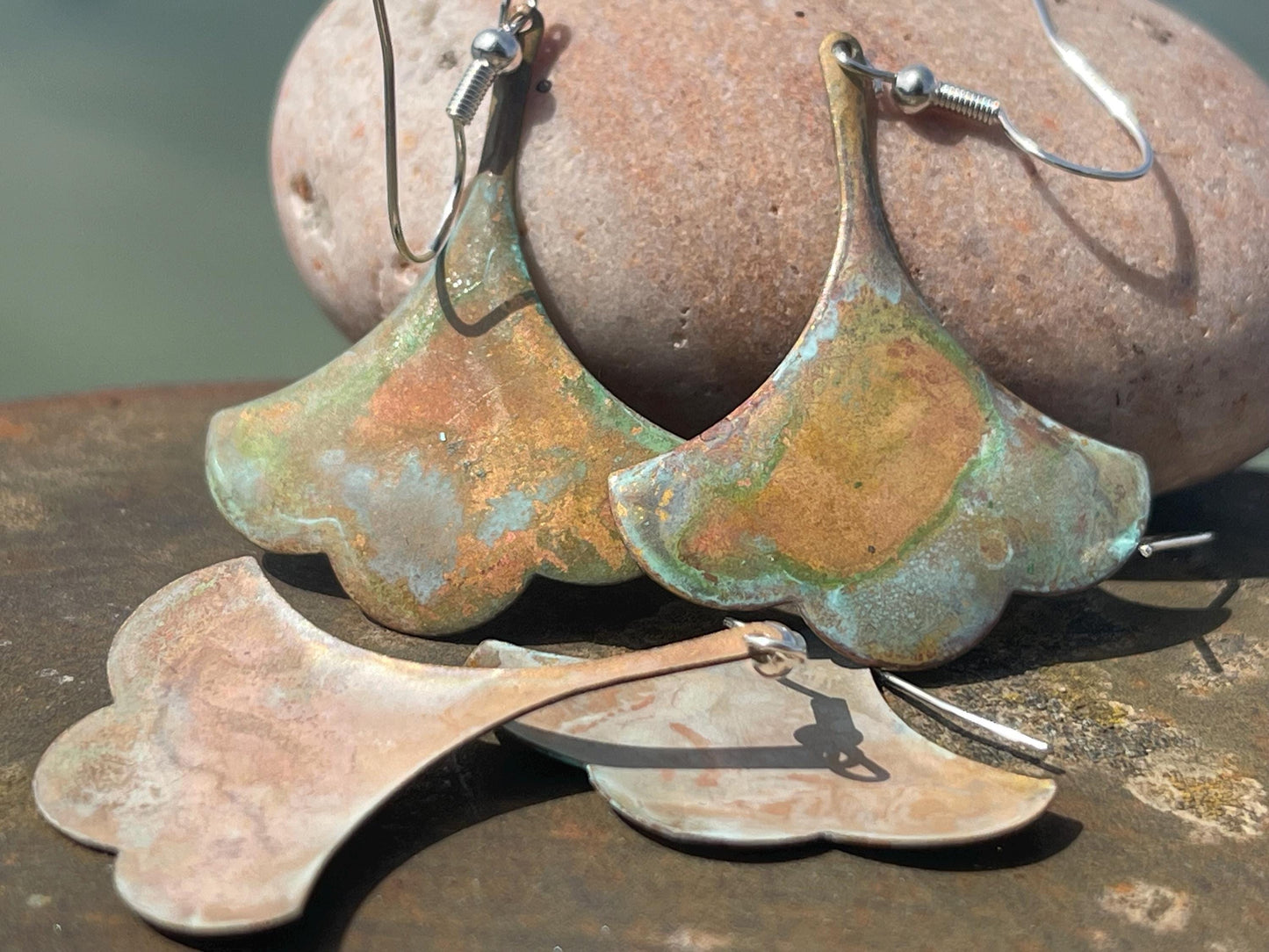 Handmade patina earrings. Rustic earrings, unusual earrings, unusual gift for her, blue earrings, boho earrings, large statement earrings.