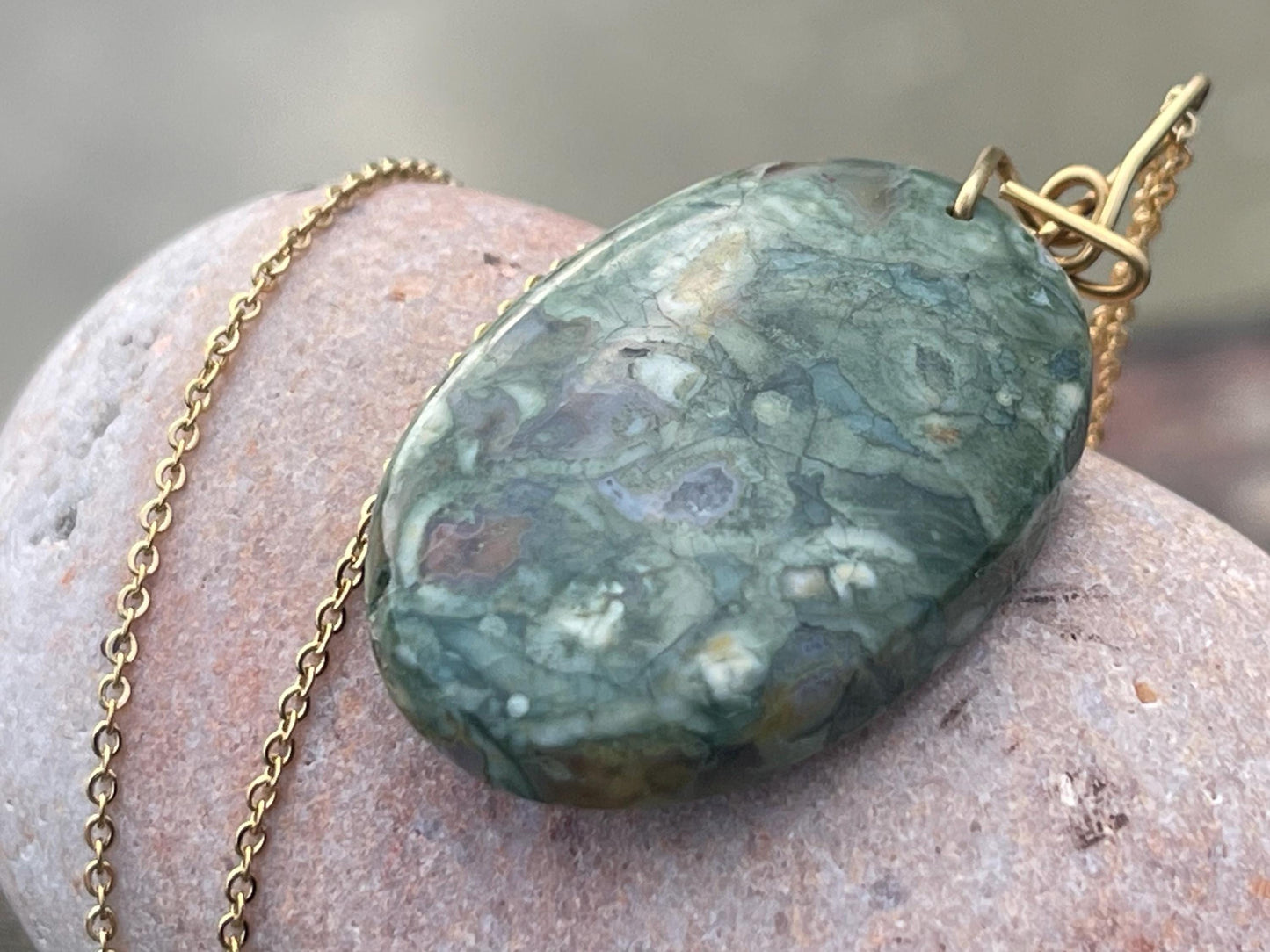 Stunning rhyolite necklace, ethical jewellery, bohemian necklace, unusual jewellery, unique gemstone pendant, green gemstone necklace