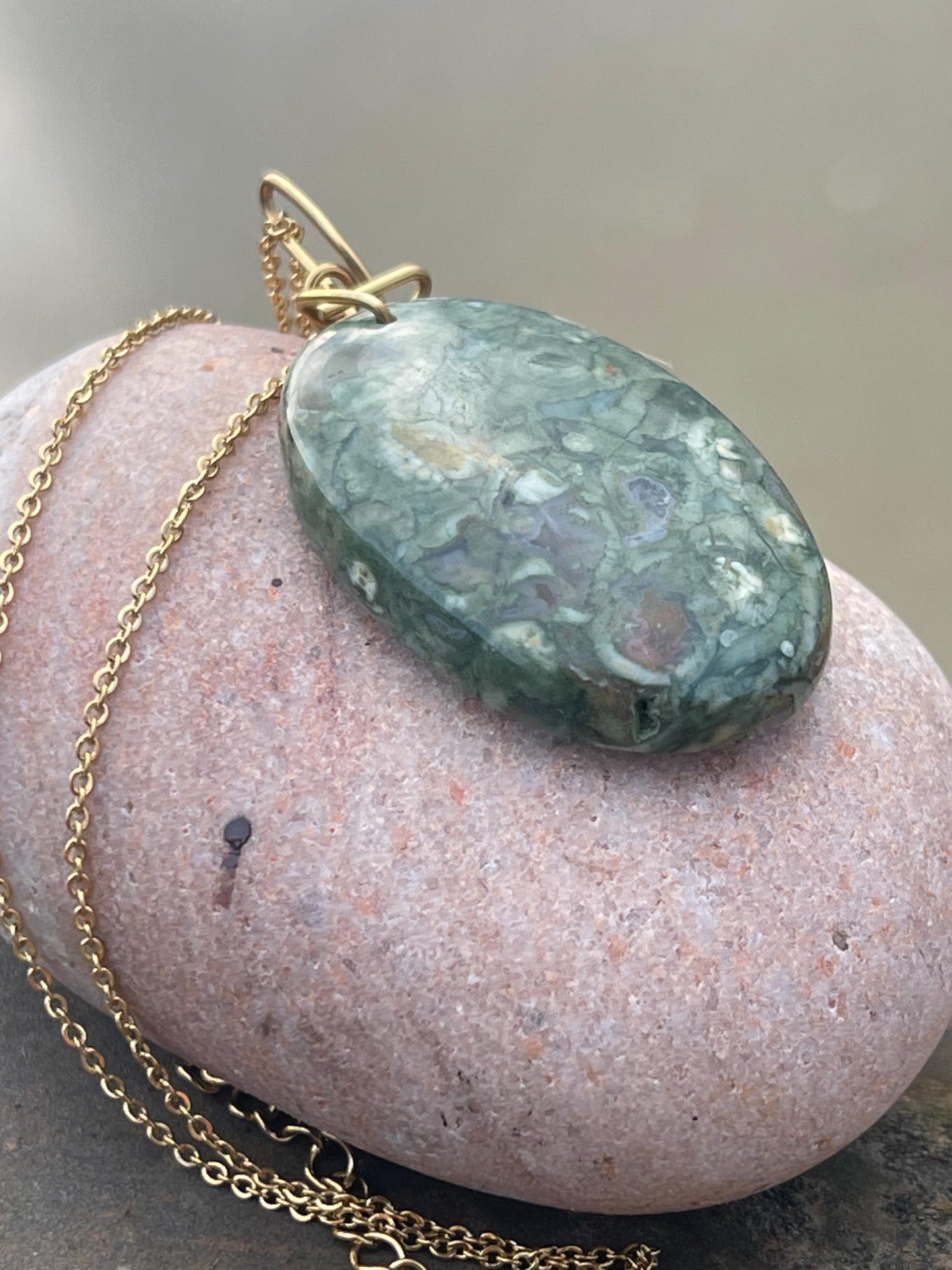 Stunning rhyolite necklace, ethical jewellery, bohemian necklace, unusual jewellery, unique gemstone pendant, green gemstone necklace