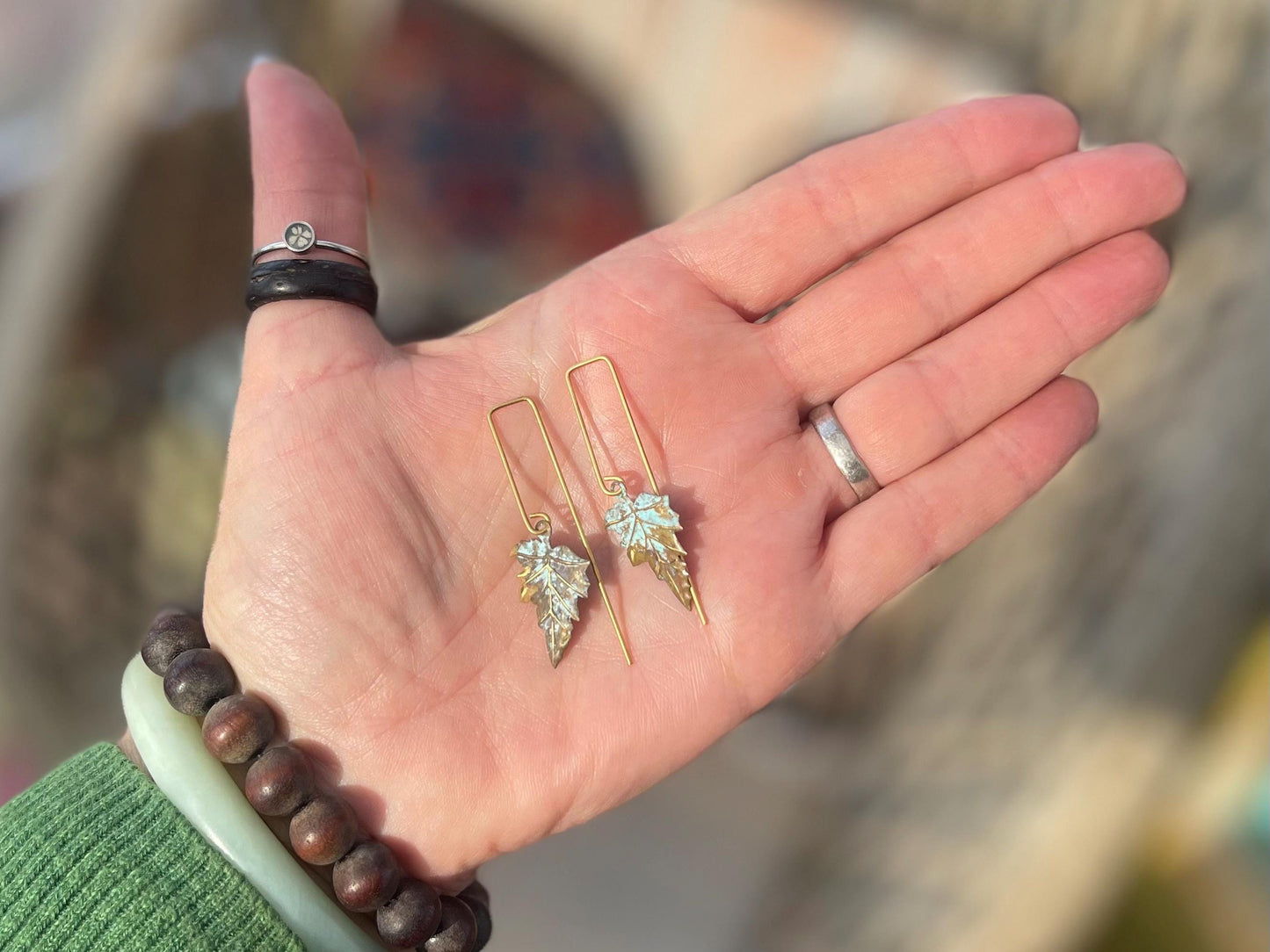 Handmade leaf earrings. Rustic earrings, unusual earrings, unusual gift for her, blue earrings, boho earrings, heart jewellery, hippy gift