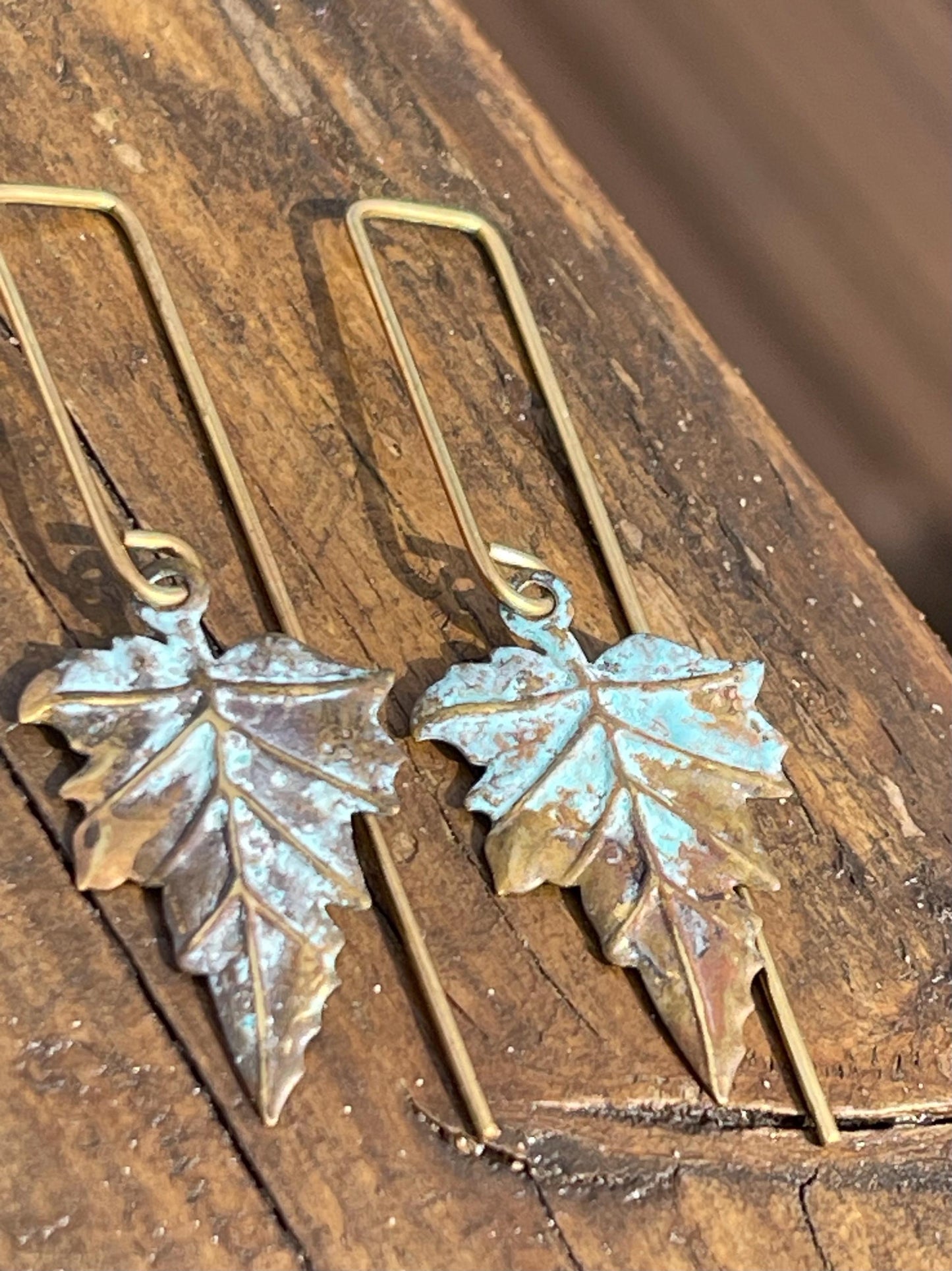 Handmade leaf earrings. Rustic earrings, unusual earrings, unusual gift for her, blue earrings, boho earrings, heart jewellery, hippy gift