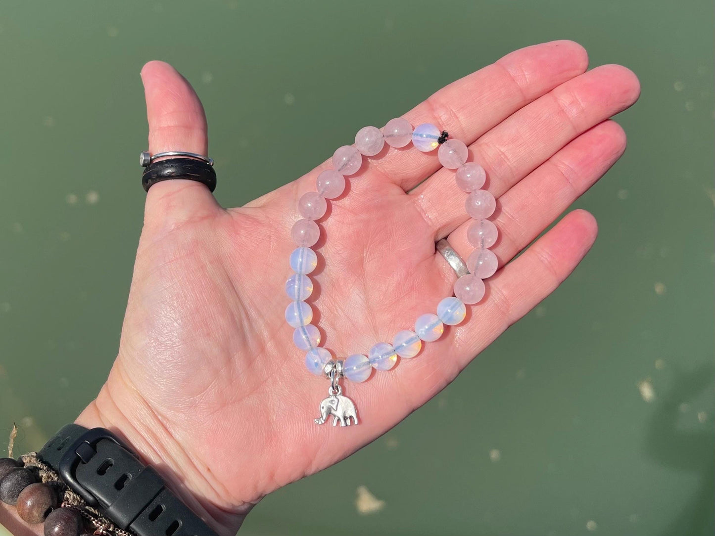 Elephant bracelet, elephant jewellery, boho bracelet made from rose quartz and opalote gemstones. Unusual boho jewellery. Elephant bangle.