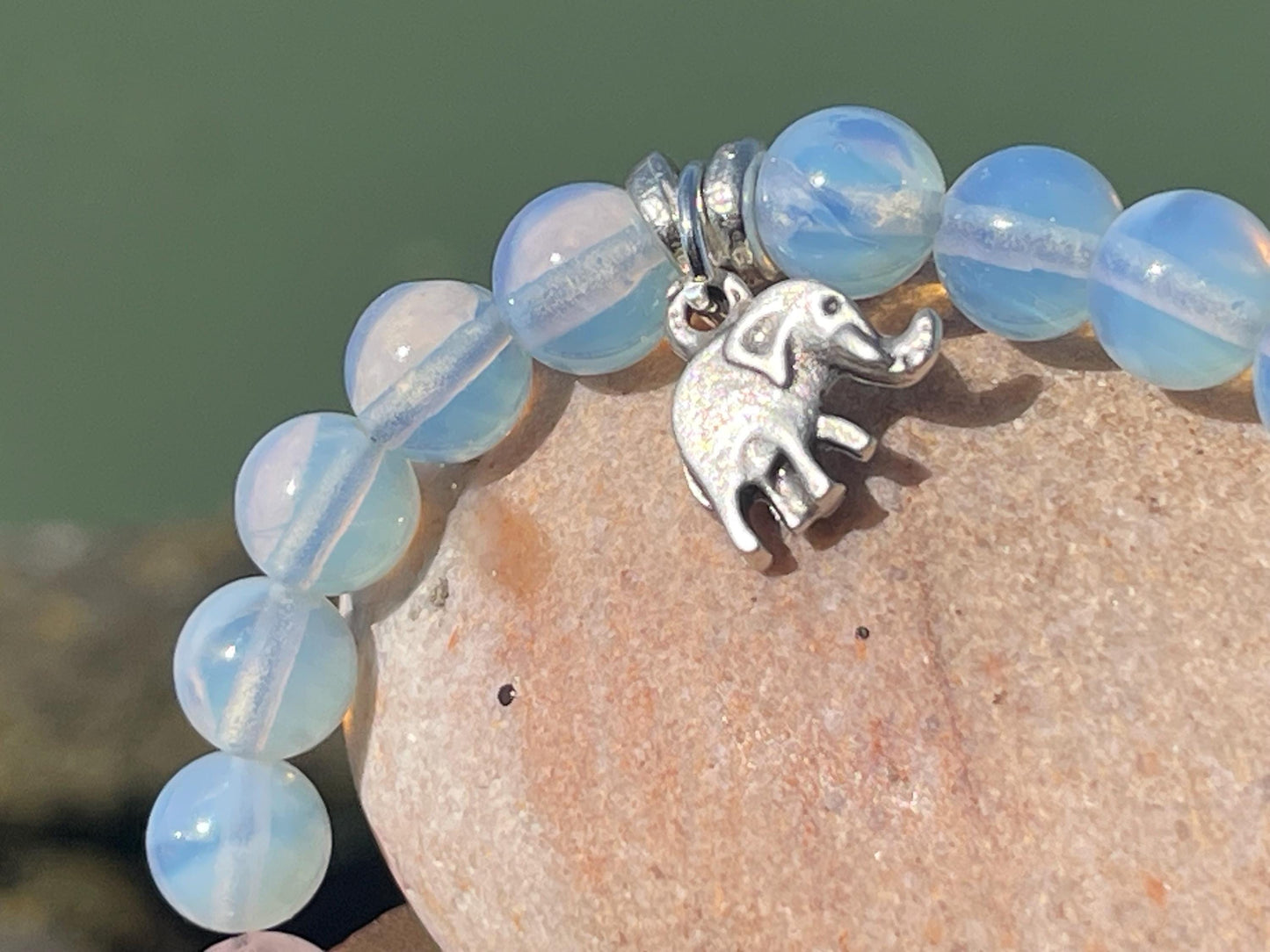 Elephant bracelet, elephant jewellery, boho bracelet made from rose quartz and opalote gemstones. Unusual boho jewellery. Elephant bangle.