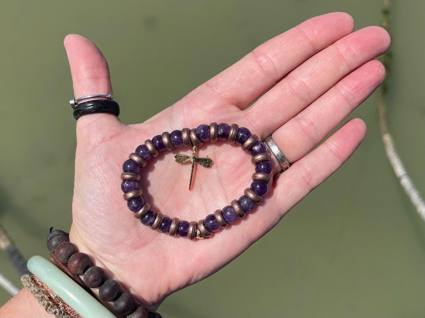 Dragonfly amethyst bracelet, Hippy bracelet, boho gift for her, amethyst jewellery, handmade bracelet, eco friendly bohemian jewellery