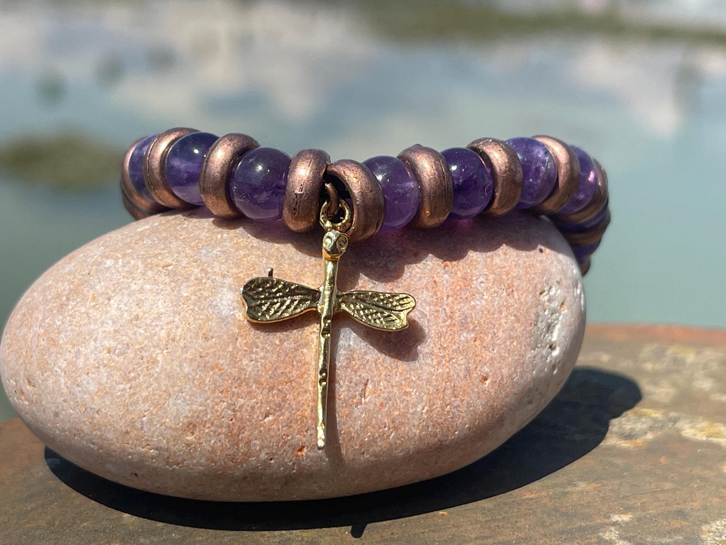 Dragonfly amethyst bracelet, Hippy bracelet, boho gift for her, amethyst jewellery, handmade bracelet, eco friendly bohemian jewellery