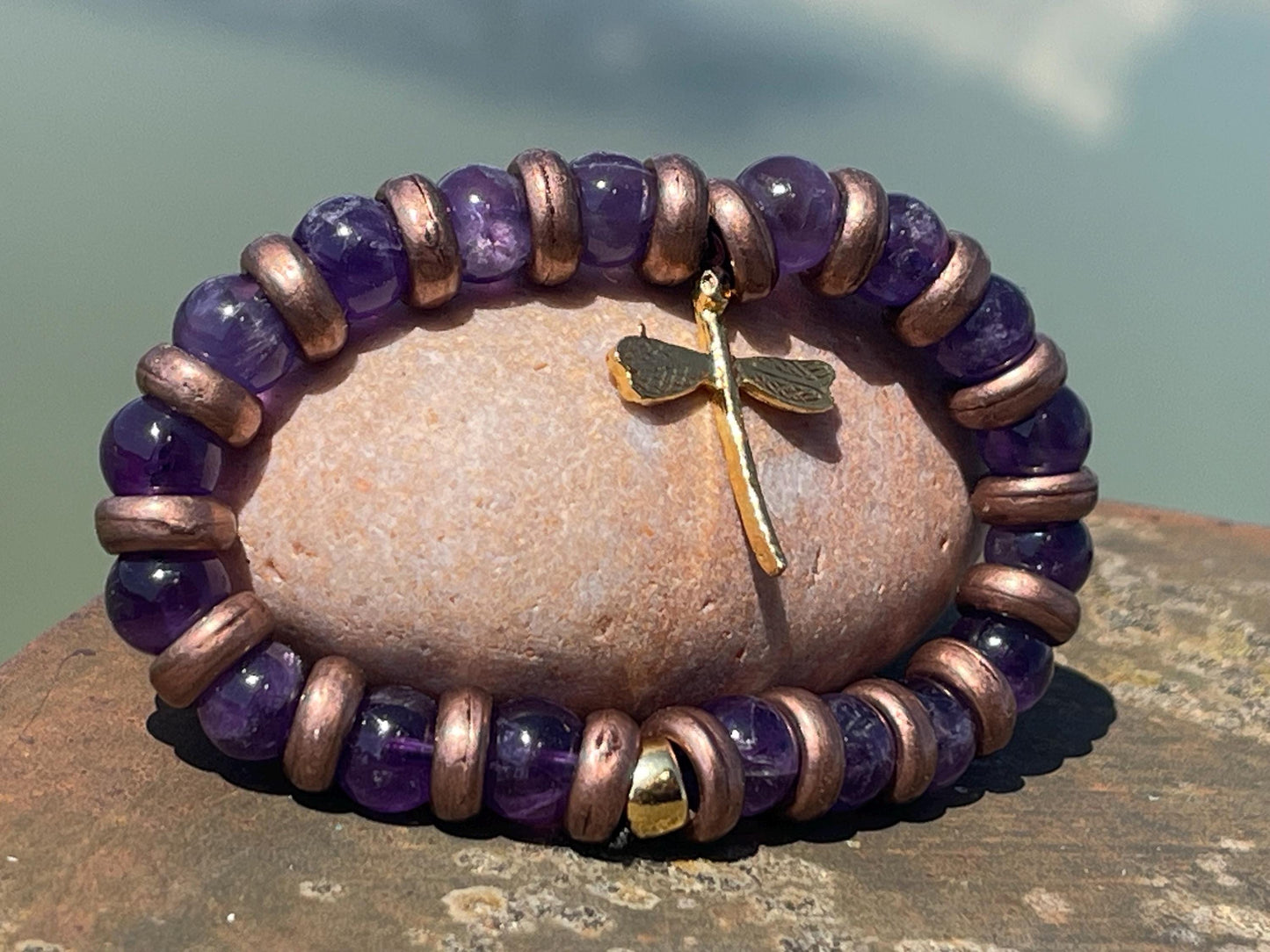 Dragonfly amethyst bracelet, Hippy bracelet, boho gift for her, amethyst jewellery, handmade bracelet, eco friendly bohemian jewellery