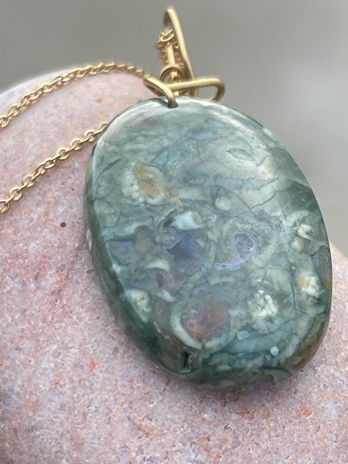 Stunning rhyolite necklace, ethical jewellery, bohemian necklace, unusual jewellery, unique gemstone pendant, green gemstone necklace