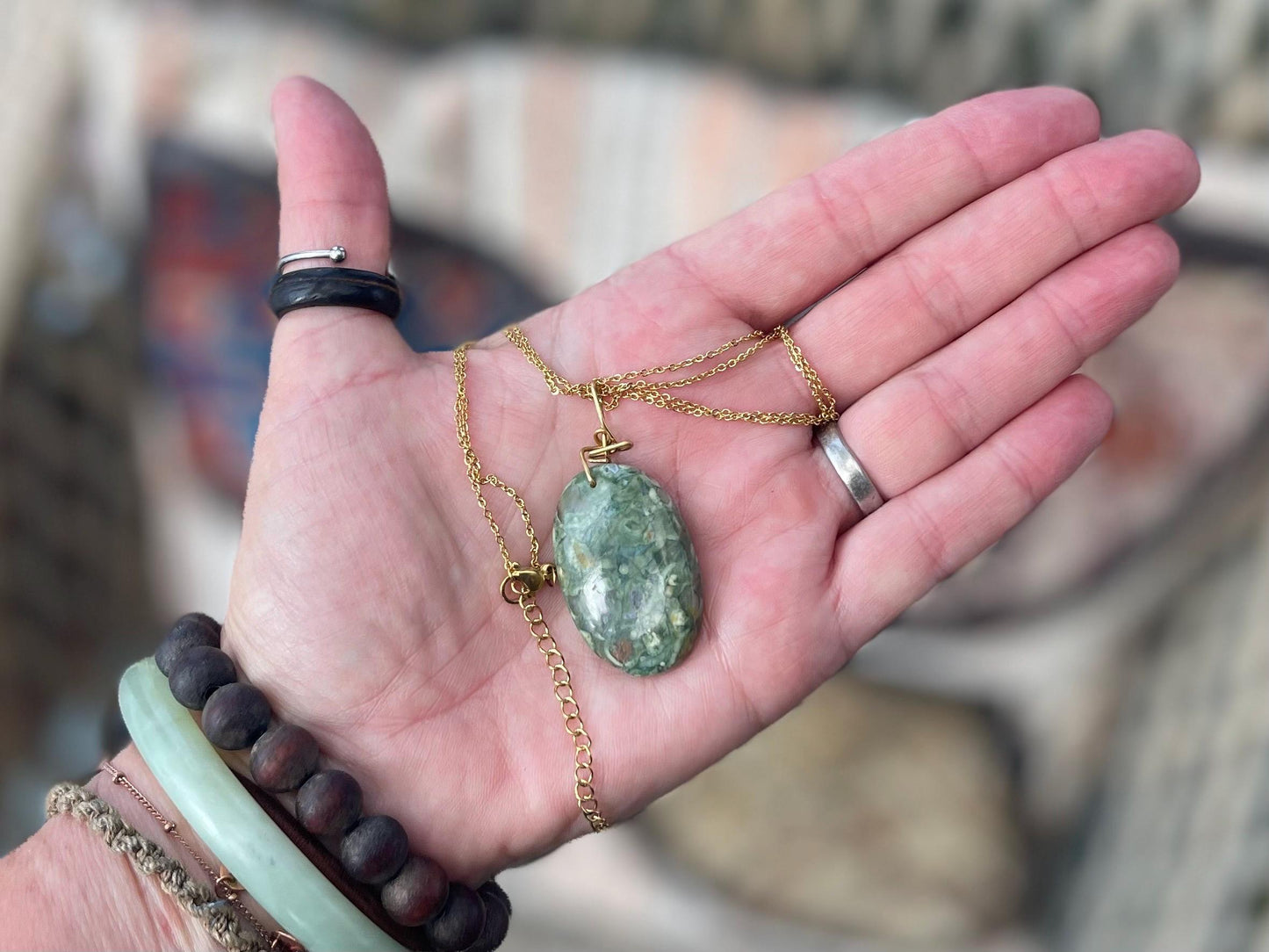 Stunning rhyolite necklace, ethical jewellery, bohemian necklace, unusual jewellery, unique gemstone pendant, green gemstone necklace