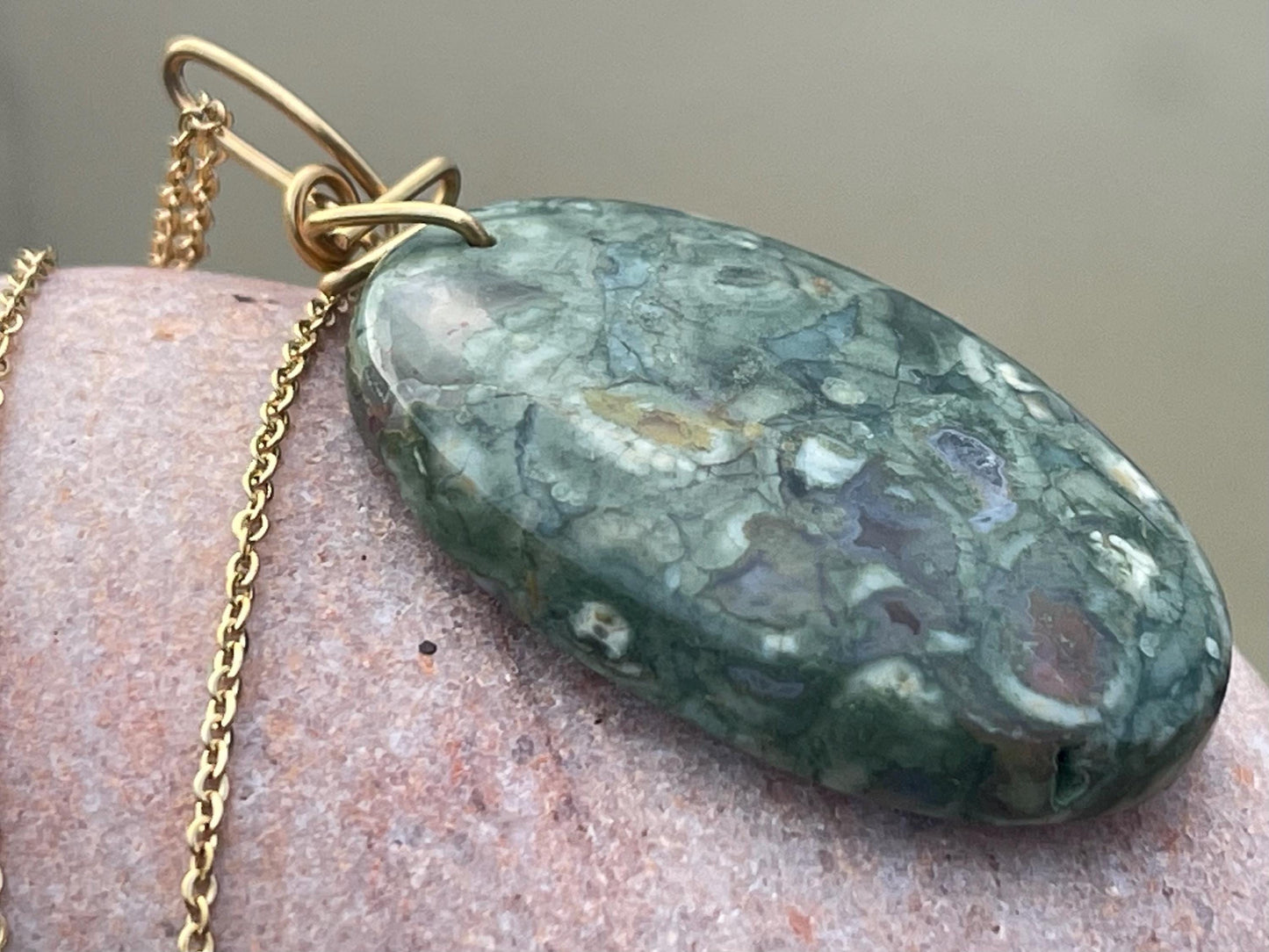 Stunning rhyolite necklace, ethical jewellery, bohemian necklace, unusual jewellery, unique gemstone pendant, green gemstone necklace