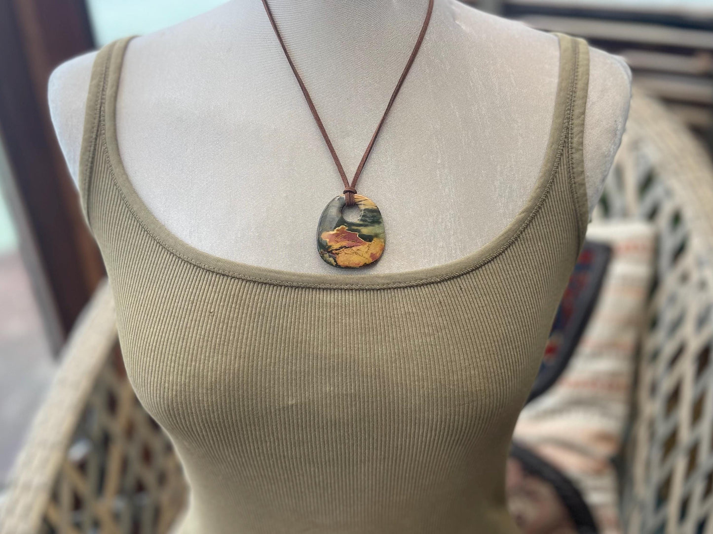 Picasso jasper gemstone pendant. Ethical jewellery, orange gemstone necklace. Stunning unique jewellery. Unique gifts. Unique earrings.