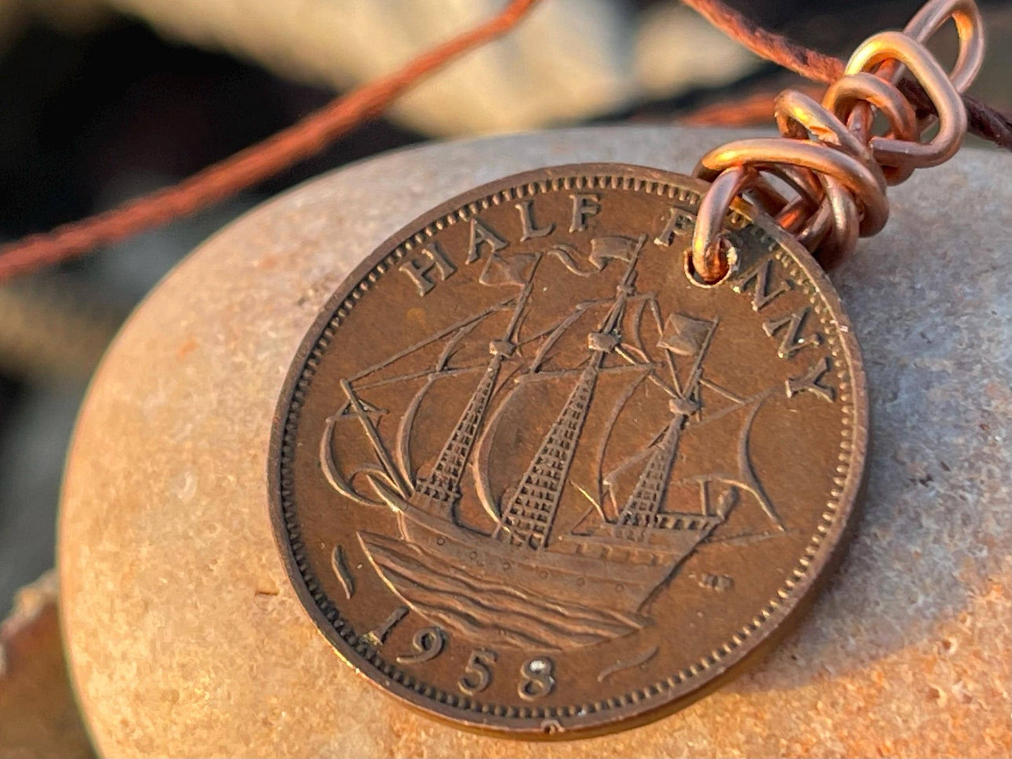 Half penny necklace on a recycled copper and hemp. Eco friendly jewellery. Unique necklace. Halfpenny necklace, halfpenny pendant.
