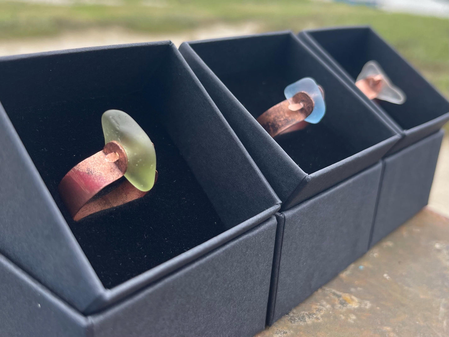 Recycled copper and sea glass rings. Handmade sea glass jewellery. Rings made with sea glass. Rustic jewellery. Handmade unusual rings.