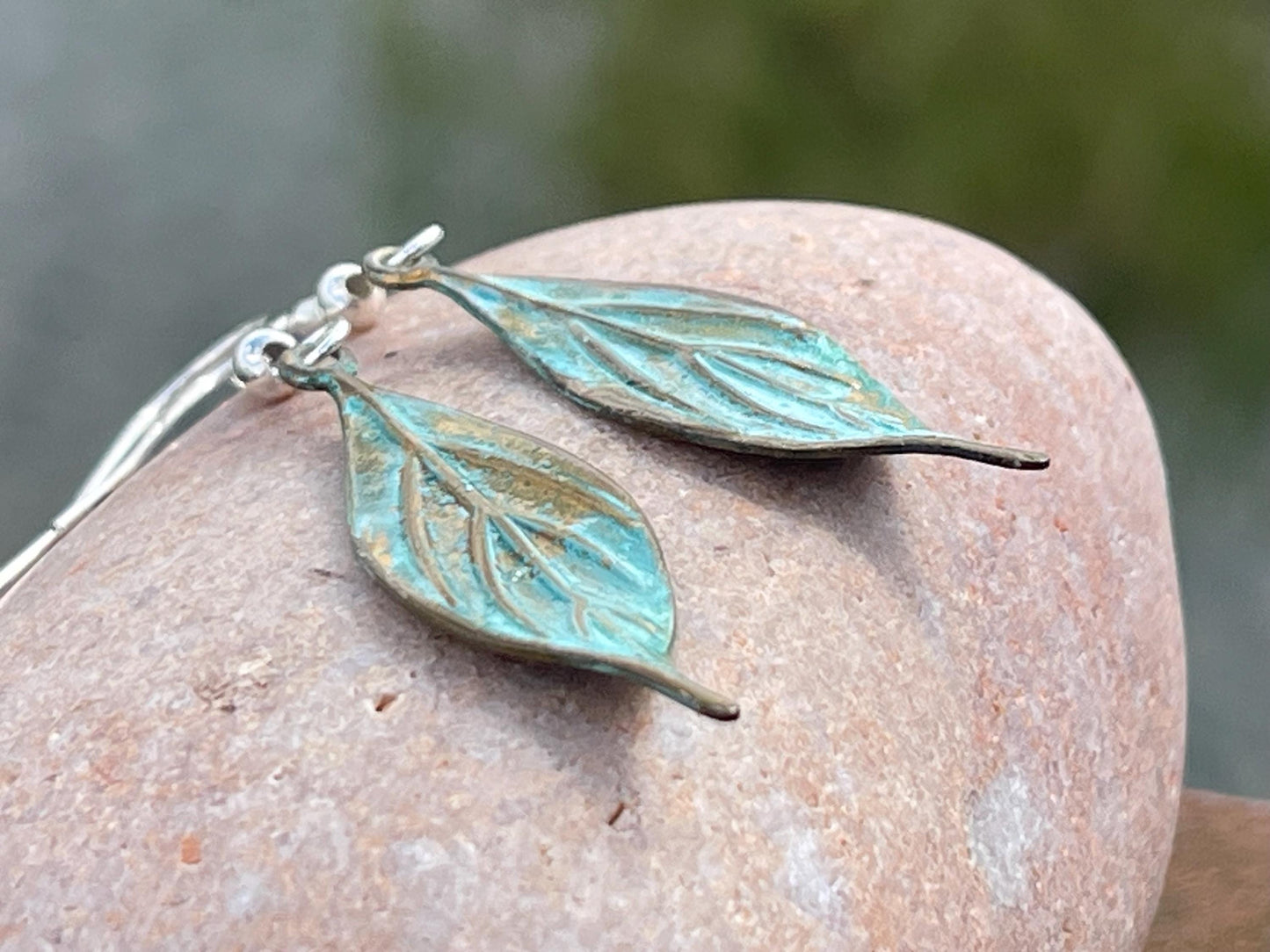 Handmade leaf earrings. Rustic earrings, unusual earrings, unusual gift for her, blue earrings, boho earrings, heart jewellery, hippy gift
