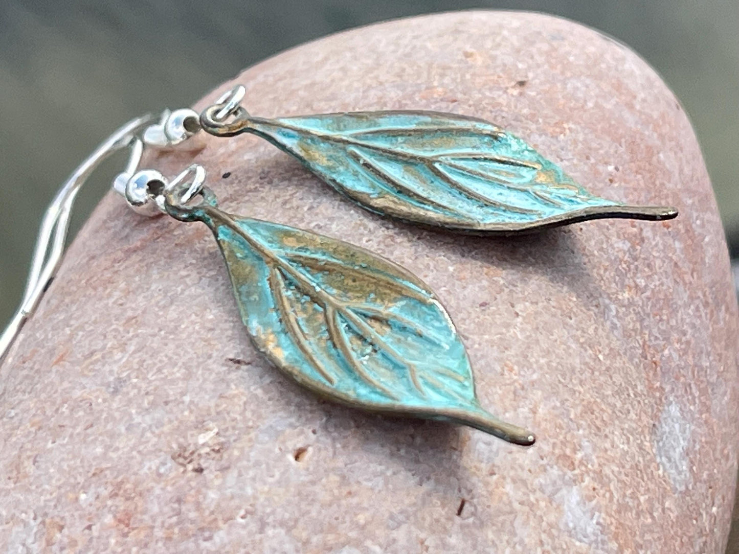 Handmade leaf earrings. Rustic earrings, unusual earrings, unusual gift for her, blue earrings, boho earrings, heart jewellery, hippy gift