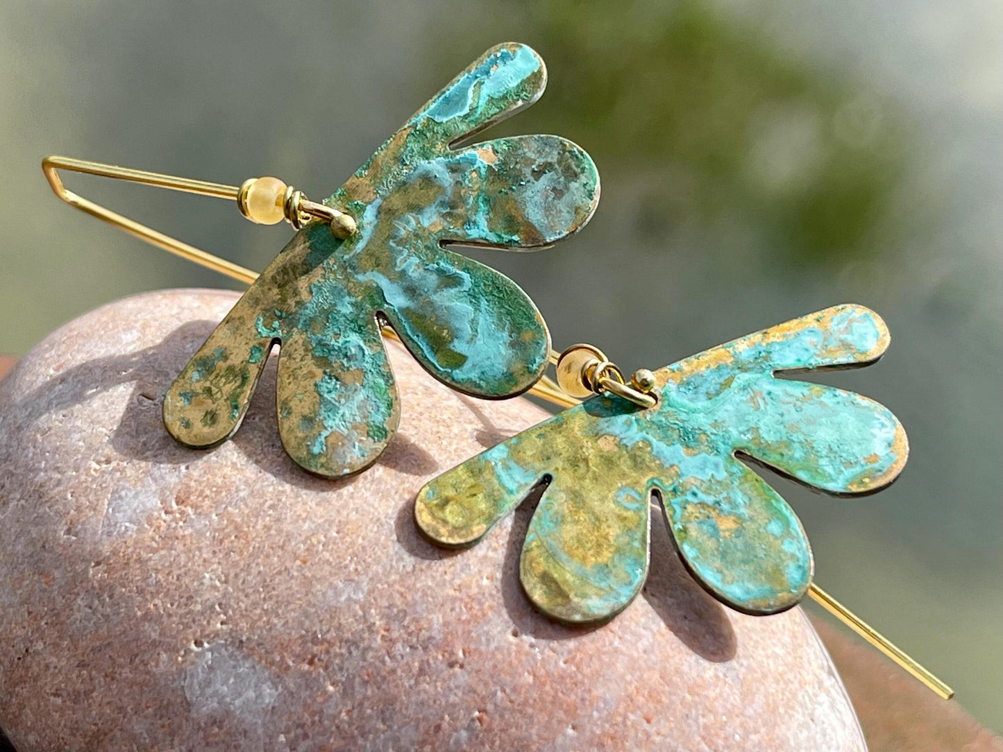 Handmade flower earrings. Rustic earrings, unusual earrings, unusual gift for her, blue earrings, boho earrings, boho jewellery, hippy gift