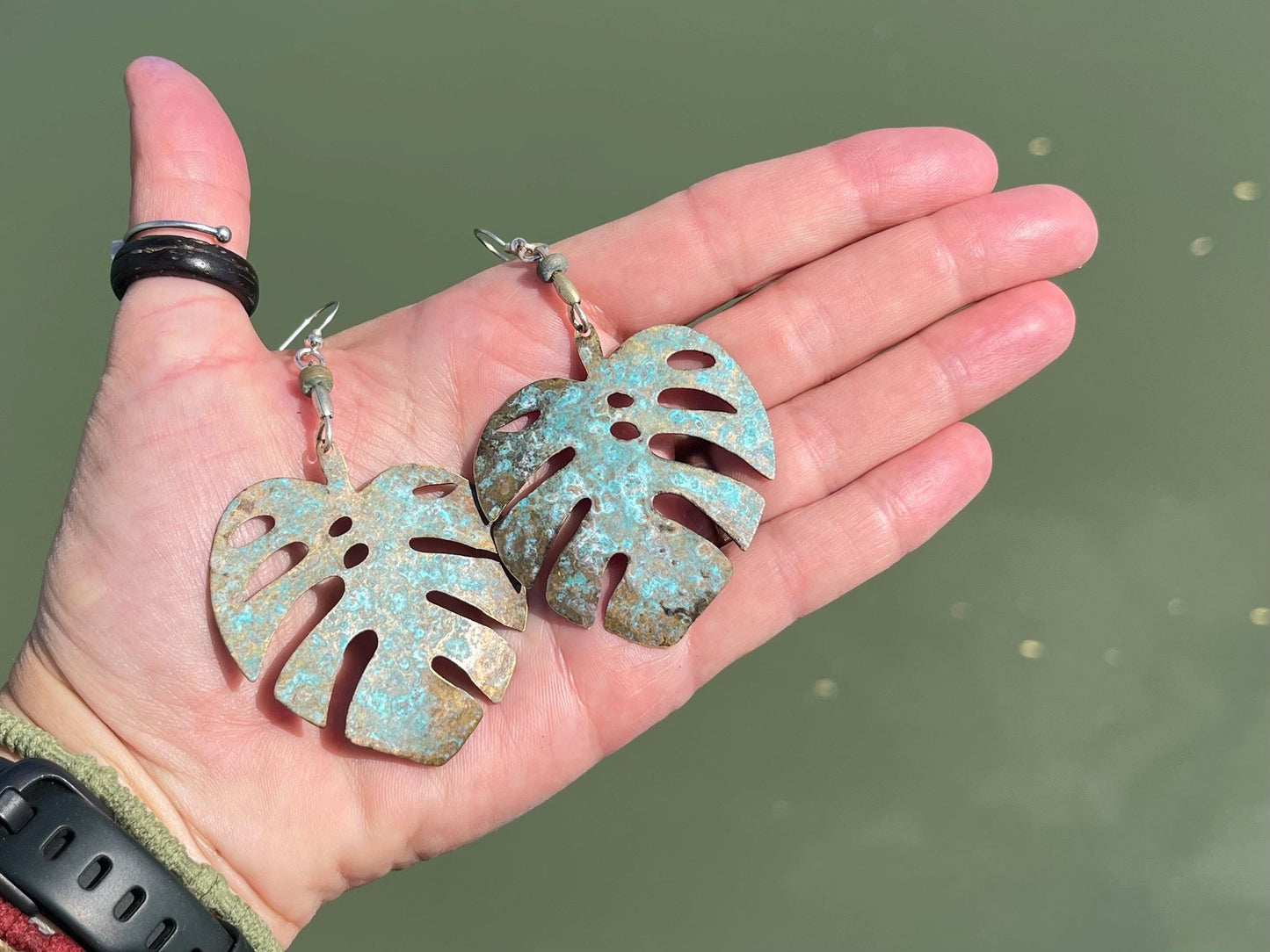 Handmade leaf earrings. Rustic earrings, unusual earrings, unusual gift for her, blue earrings, boho earrings, large statement earrings.