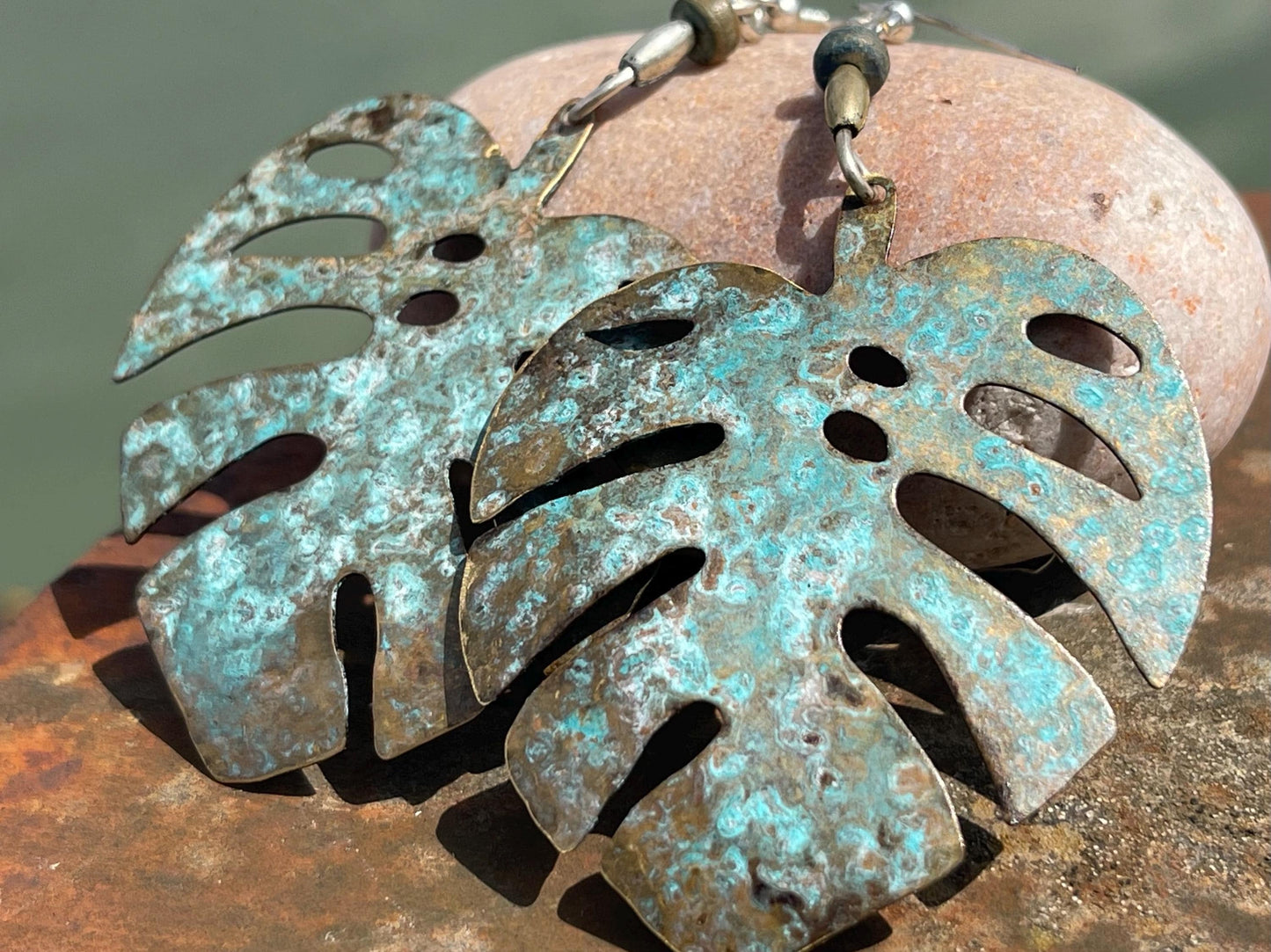 Handmade leaf earrings. Rustic earrings, unusual earrings, unusual gift for her, blue earrings, boho earrings, large statement earrings.