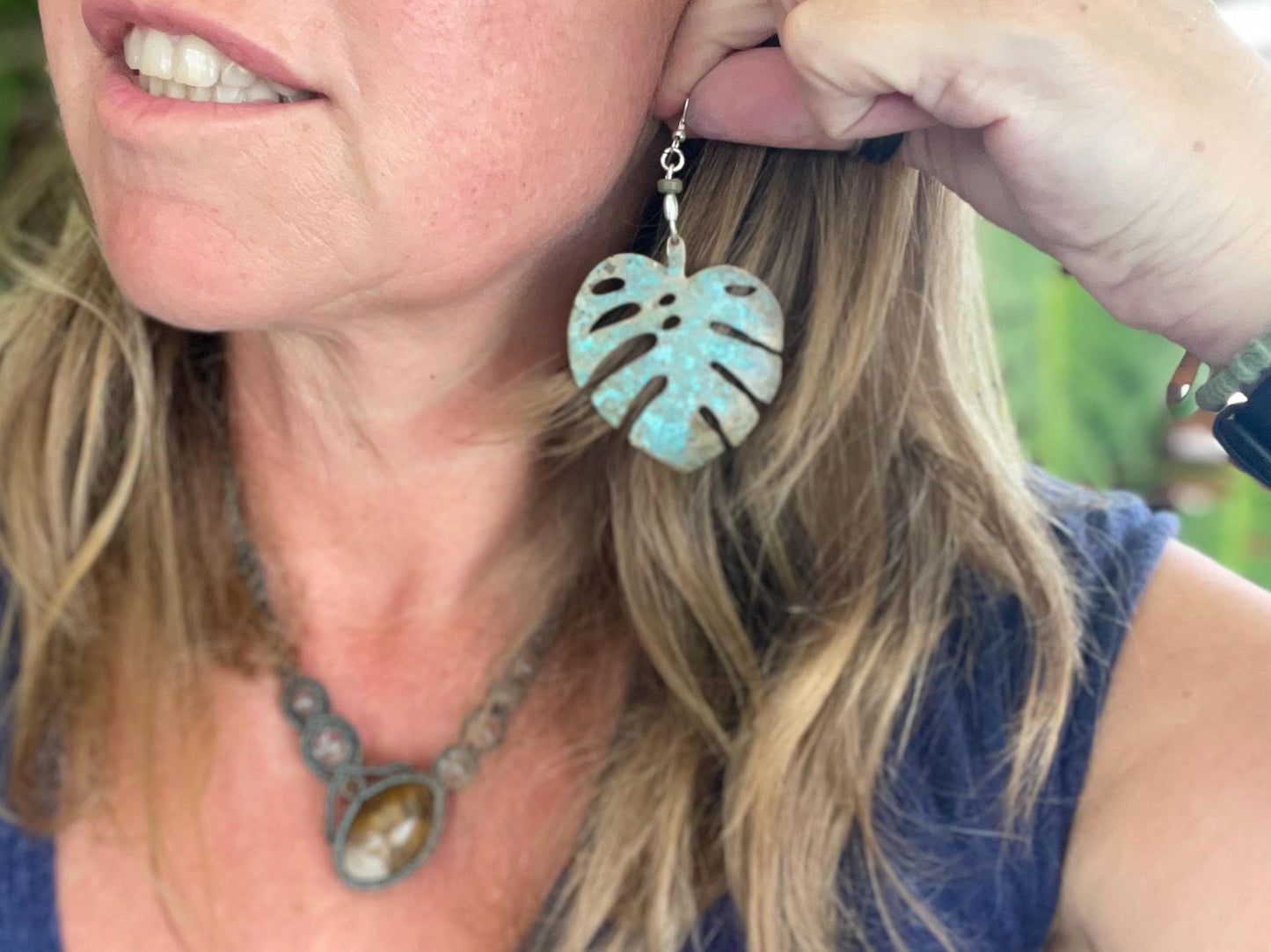 Handmade leaf earrings. Rustic earrings, unusual earrings, unusual gift for her, blue earrings, boho earrings, large statement earrings.