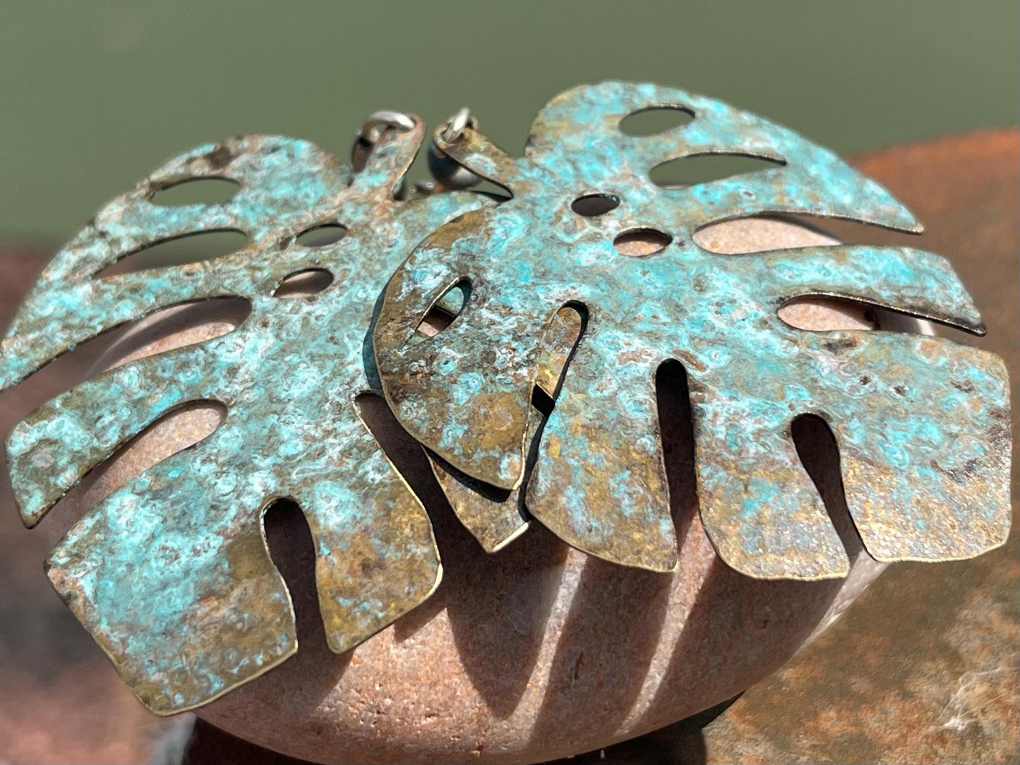 Handmade leaf earrings. Rustic earrings, unusual earrings, unusual gift for her, blue earrings, boho earrings, large statement earrings.