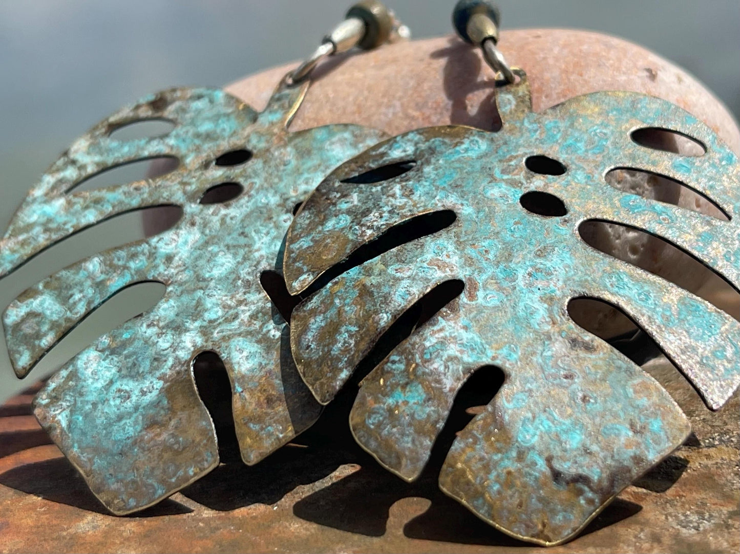 Handmade leaf earrings. Rustic earrings, unusual earrings, unusual gift for her, blue earrings, boho earrings, large statement earrings.