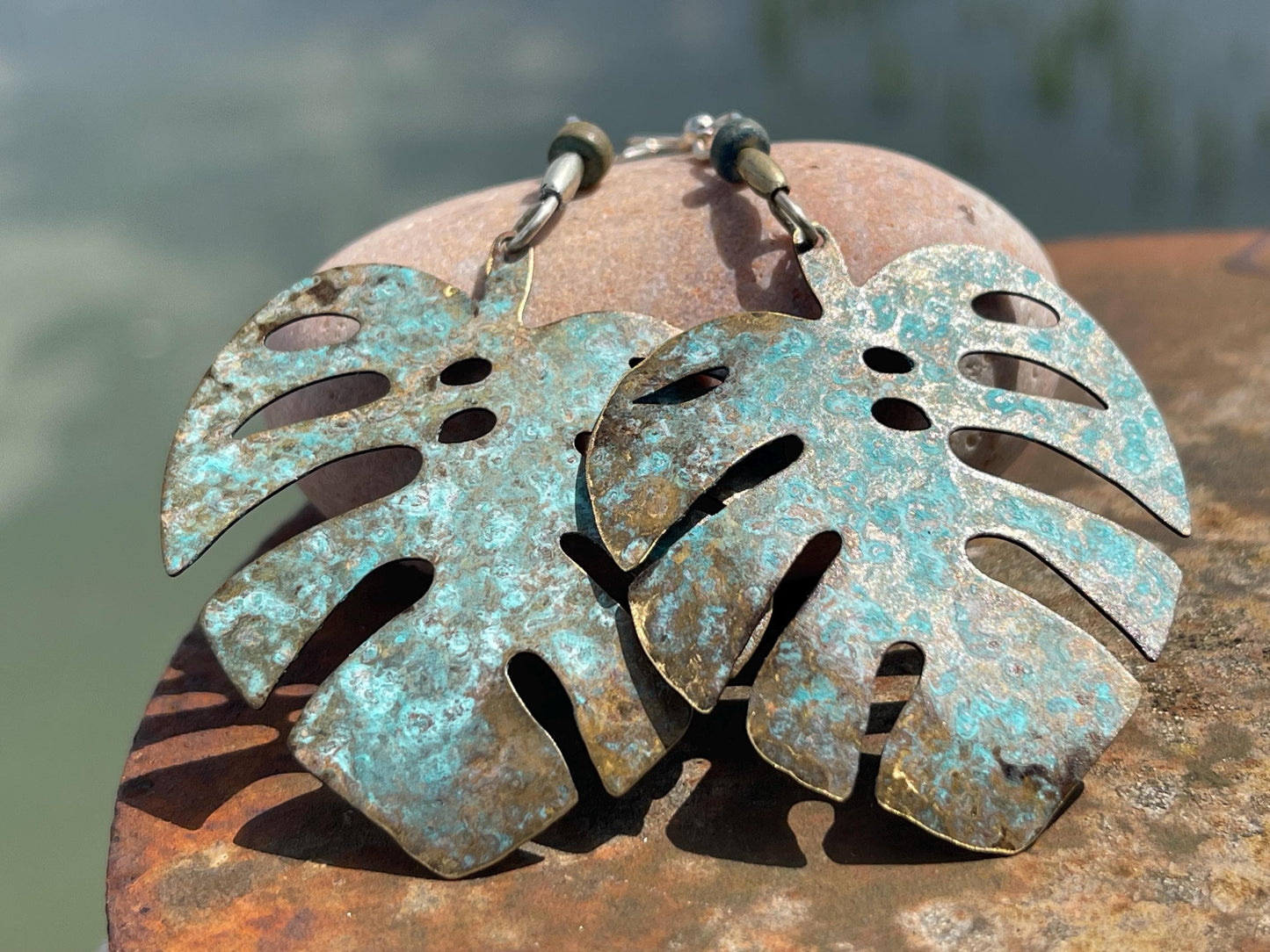 Handmade leaf earrings. Rustic earrings, unusual earrings, unusual gift for her, blue earrings, boho earrings, large statement earrings.