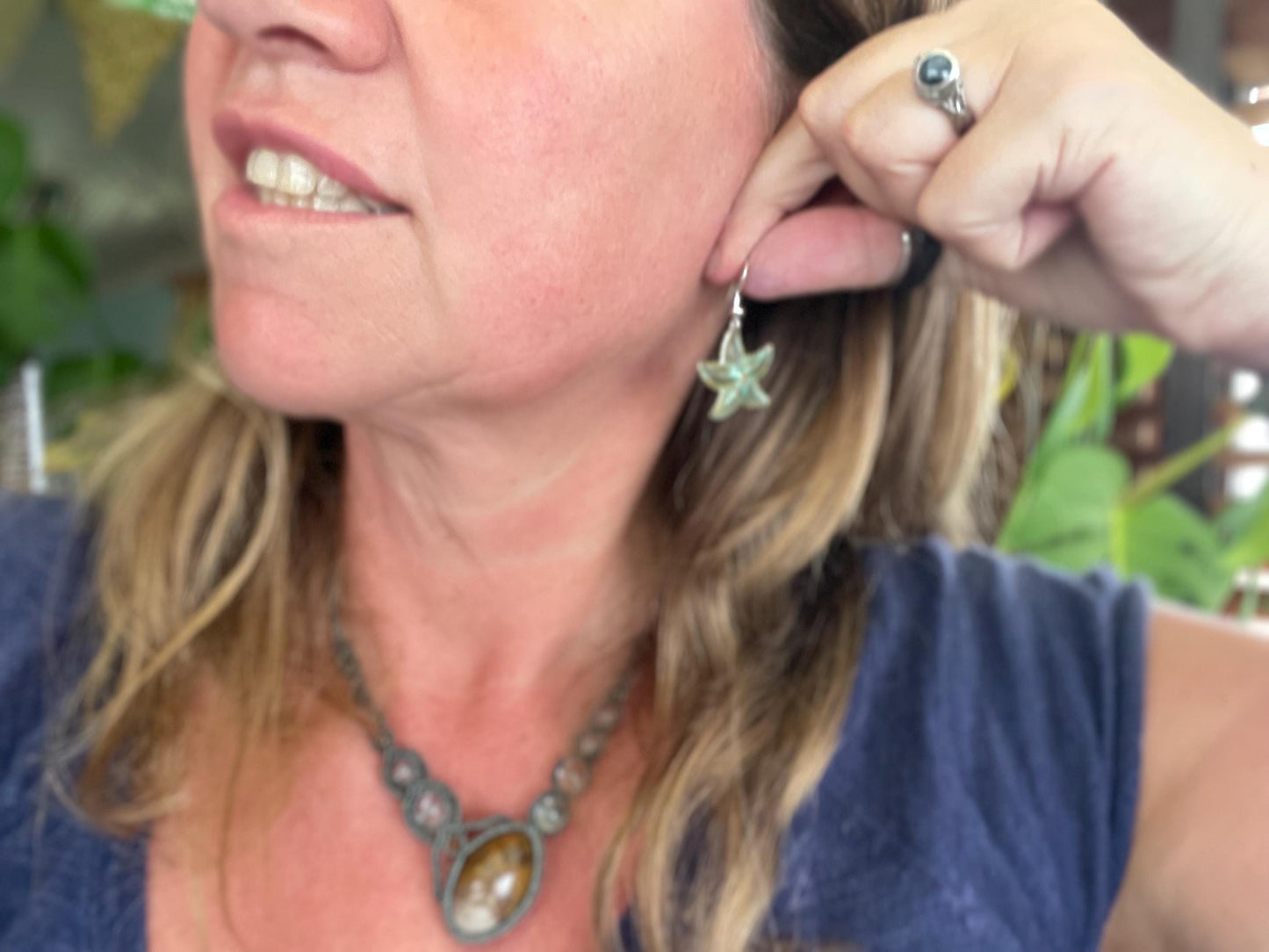 Handmade starfish earrings. Rustic earrings, unusual earrings, unusual gift for her, blue earrings, boho earrings, hippy gift. Beach earring