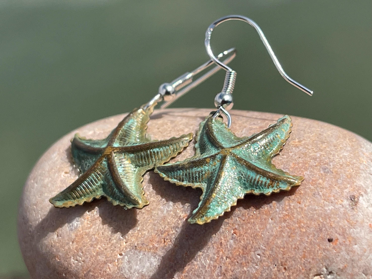 Handmade starfish earrings. Rustic earrings, unusual earrings, unusual gift for her, blue earrings, boho earrings, hippy gift. Beach earring