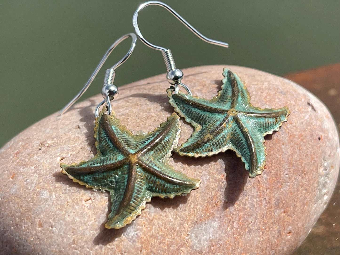 Handmade starfish earrings. Rustic earrings, unusual earrings, unusual gift for her, blue earrings, boho earrings, hippy gift. Beach earring