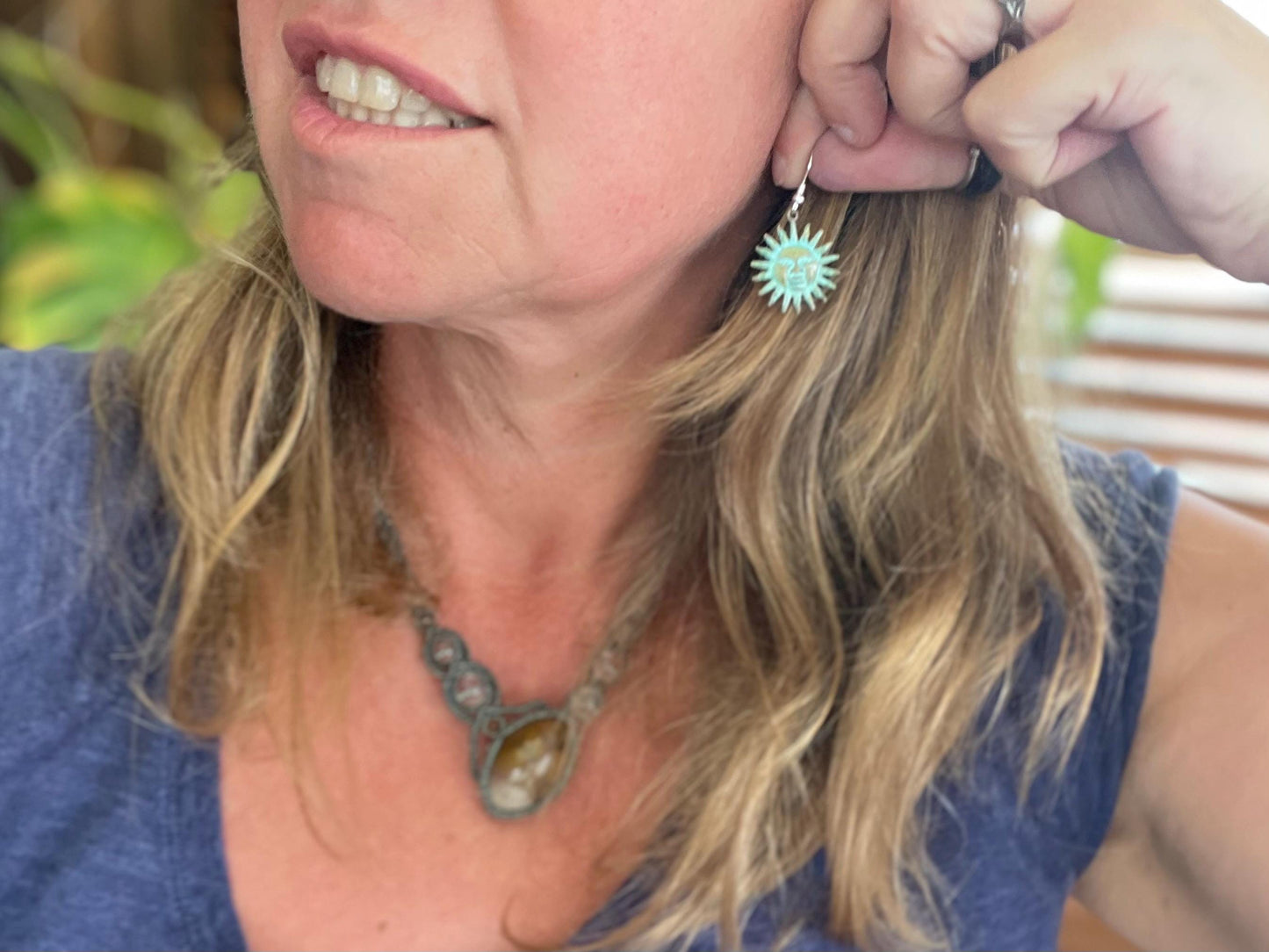 Handmade Sun earrings. Rustic earrings, unusual earrings, unusual gift for her, blue earrings, boho earrings, hippy gift. Beach earring