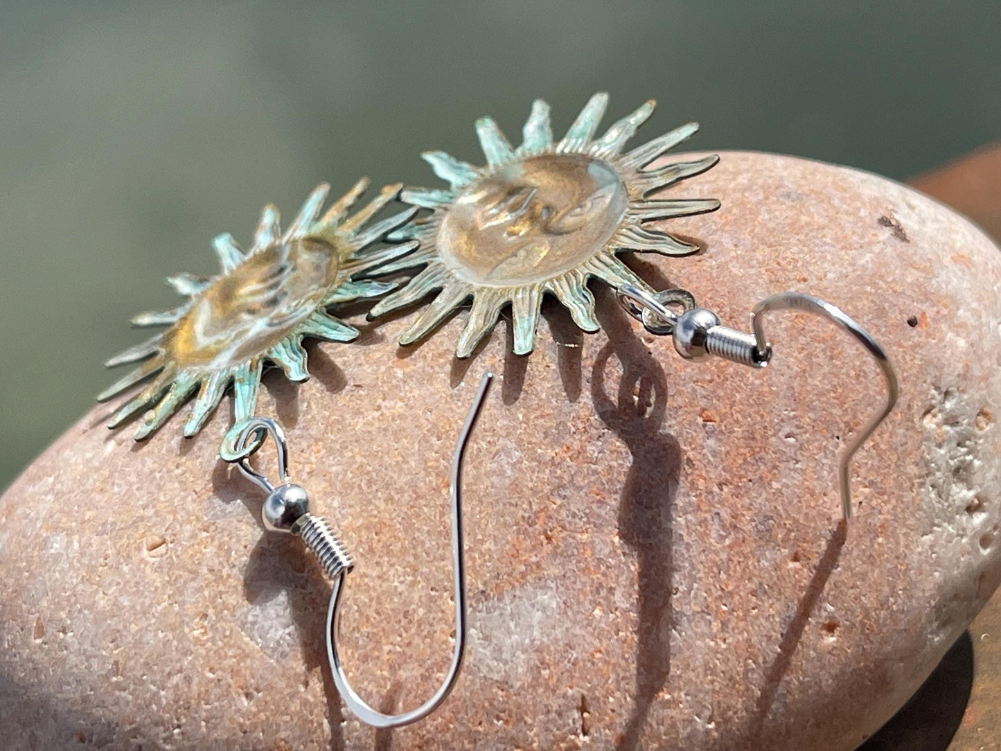 Handmade Sun earrings. Rustic earrings, unusual earrings, unusual gift for her, blue earrings, boho earrings, hippy gift. Beach earring