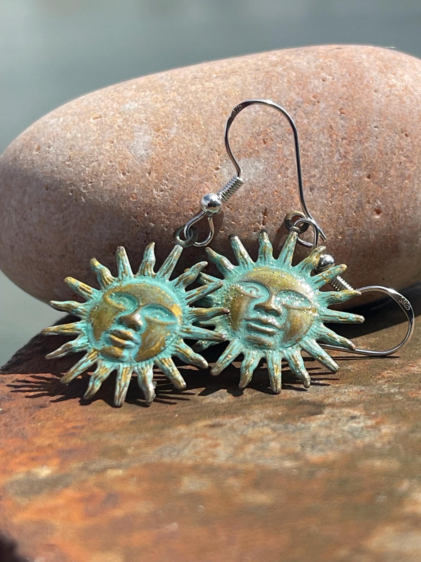 Handmade Sun earrings. Rustic earrings, unusual earrings, unusual gift for her, blue earrings, boho earrings, hippy gift. Beach earring