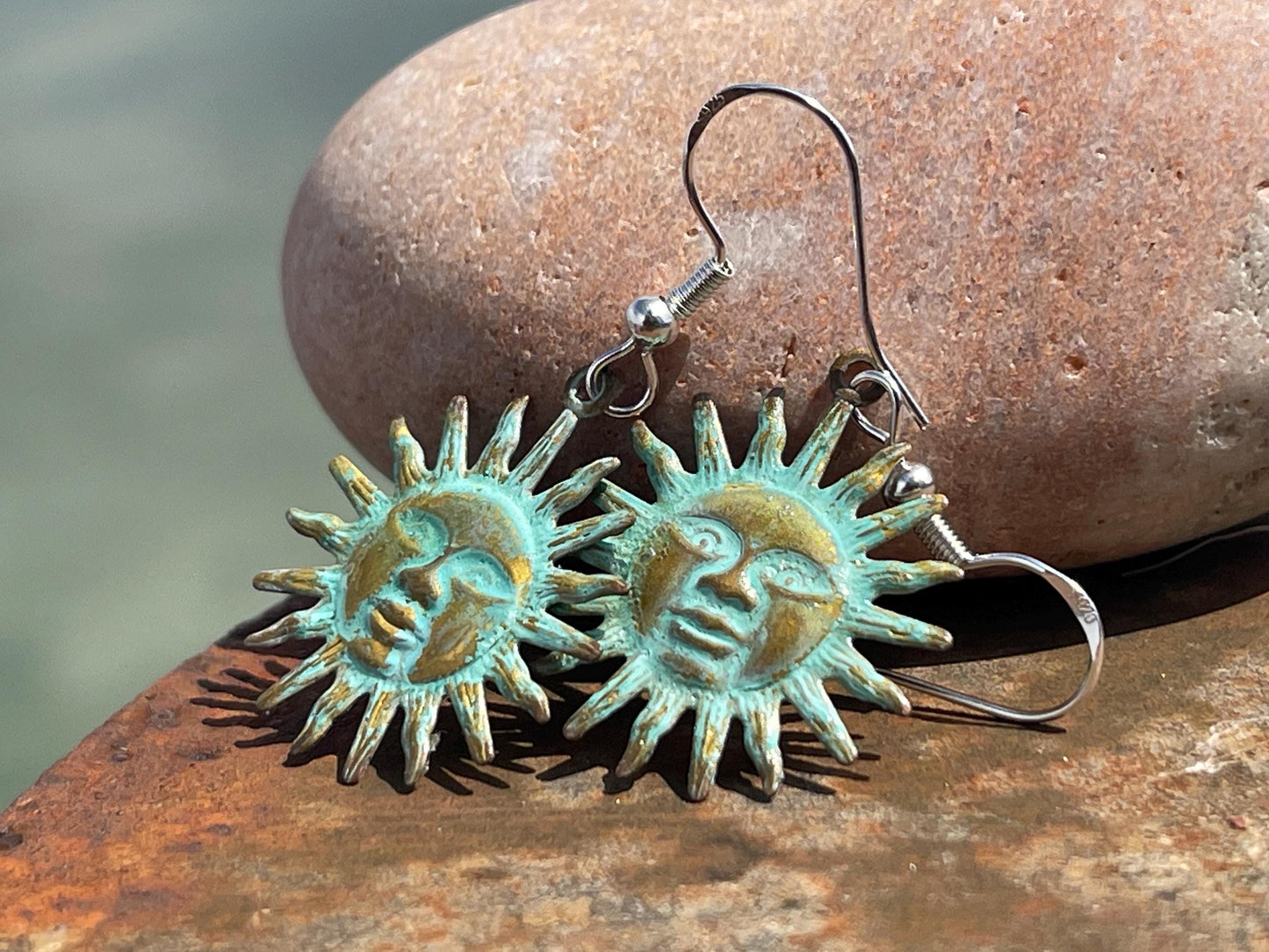 Handmade Sun earrings. Rustic earrings, unusual earrings, unusual gift for her, blue earrings, boho earrings, hippy gift. Beach earring