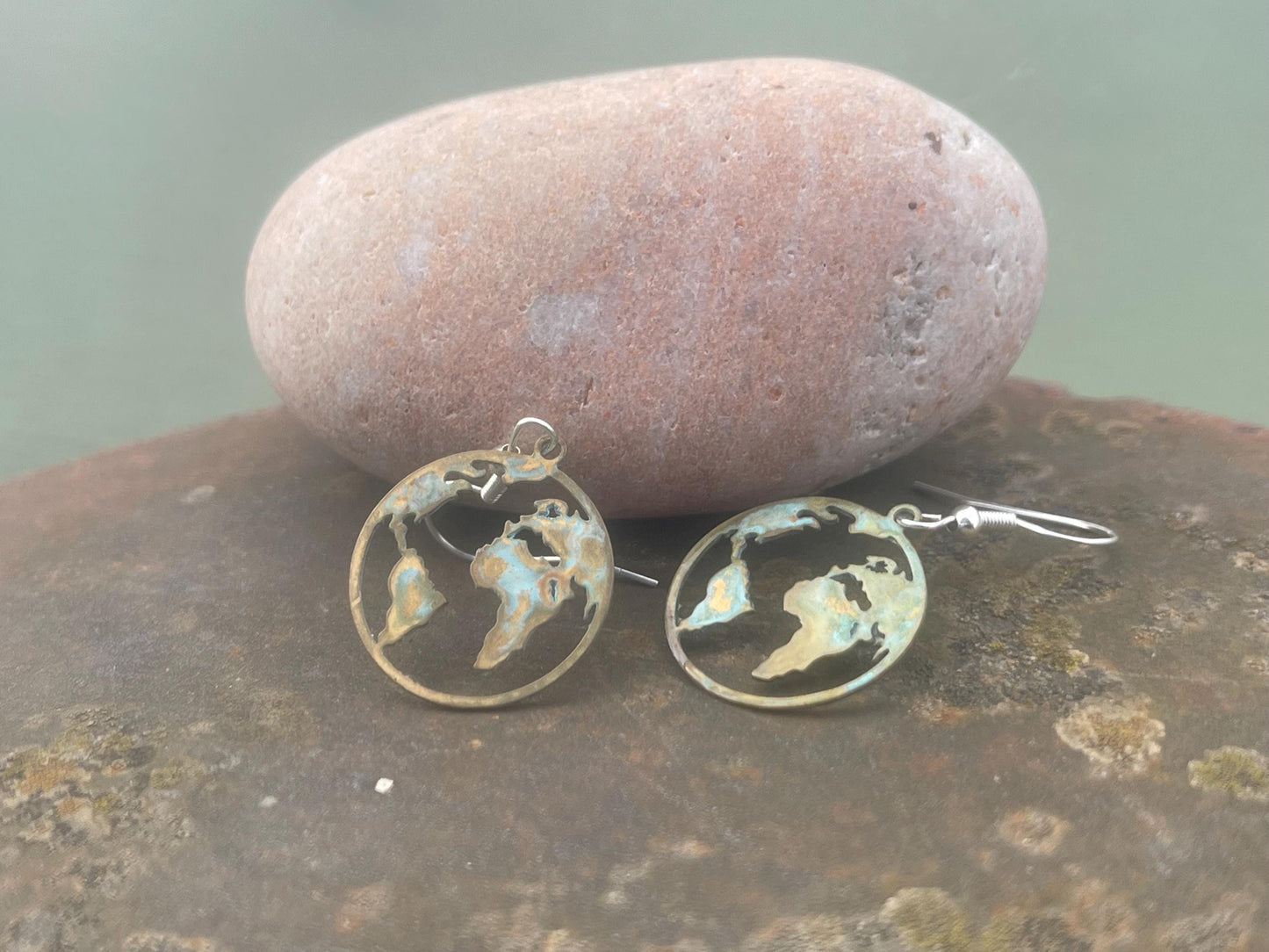 Handmade world earrings. Rustic earrings, unusual earrings, unusual gift for her, blue earrings, boho earrings, hippy gift. Earth earrings