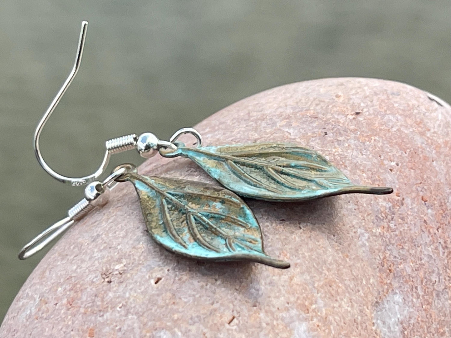 Handmade leaf earrings. Rustic earrings, unusual earrings, unusual gift for her, blue earrings, boho earrings, heart jewellery, hippy gift