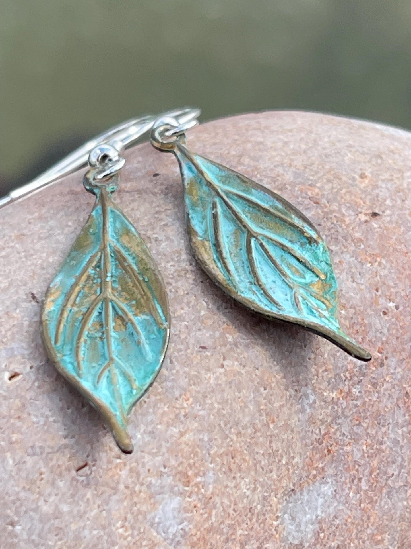 Handmade leaf earrings. Rustic earrings, unusual earrings, unusual gift for her, blue earrings, boho earrings, heart jewellery, hippy gift