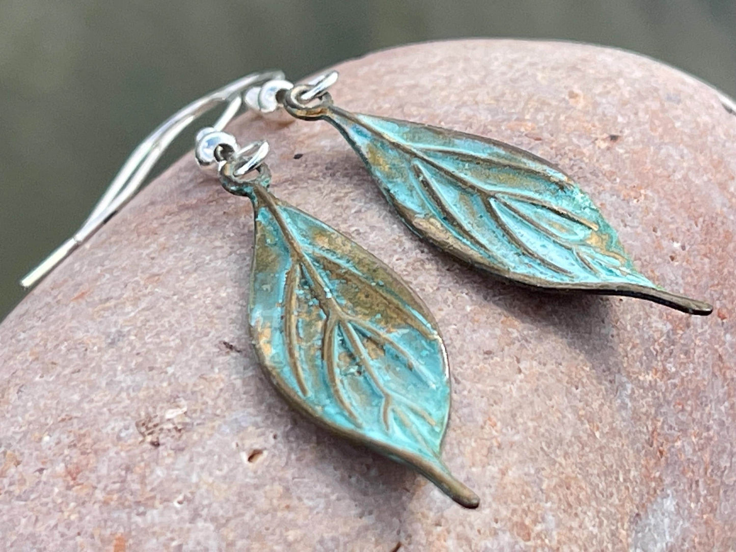 Handmade leaf earrings. Rustic earrings, unusual earrings, unusual gift for her, blue earrings, boho earrings, heart jewellery, hippy gift
